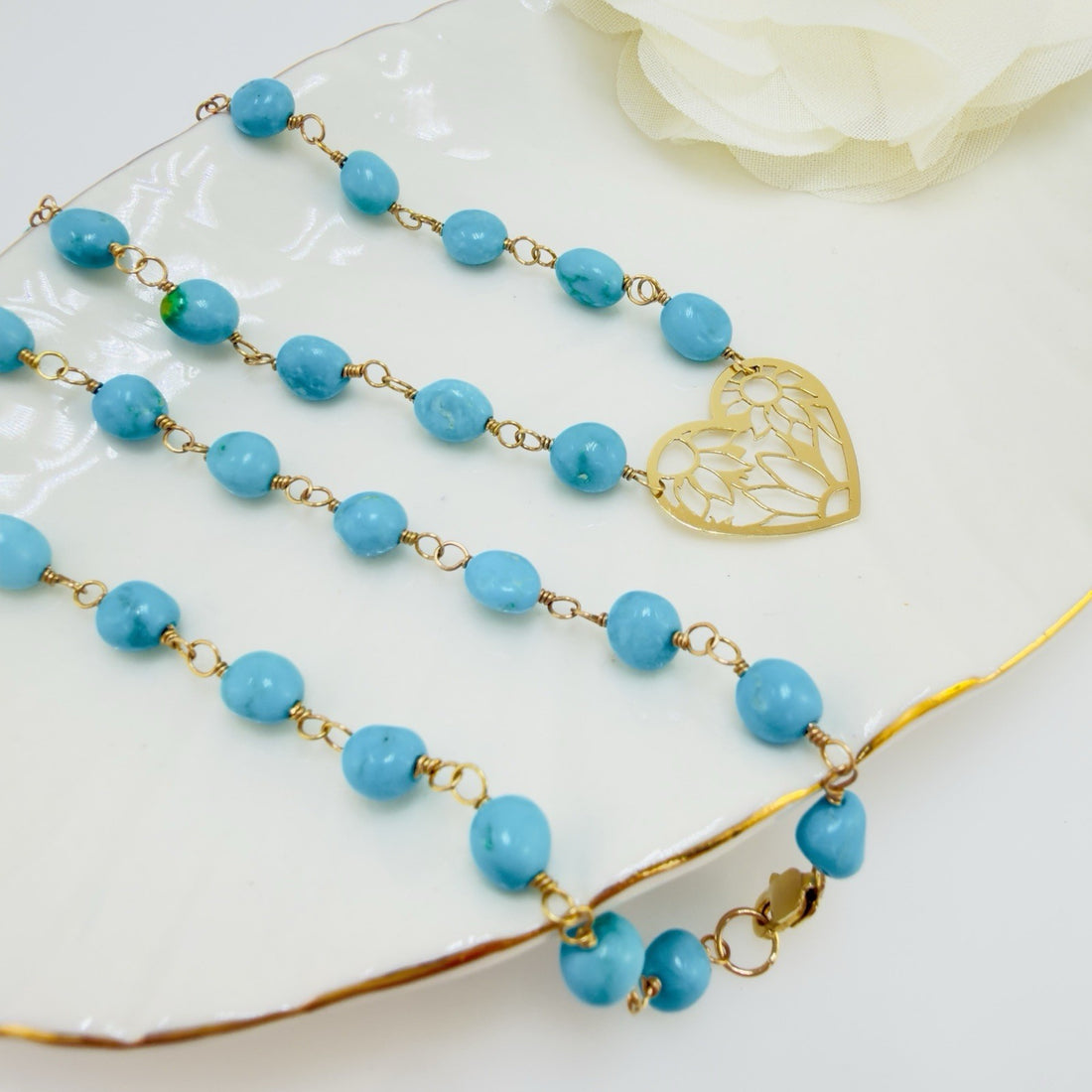 14k Sleeping Beauty Turquoise with Pierce-Work Heart Pendant Necklace, 18.25"