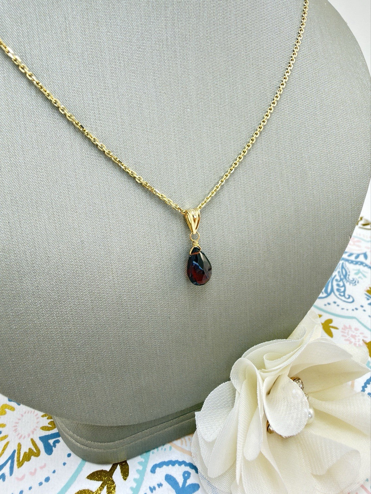 14k Yellow Gold Genuine Garnet Drop Pendant, 0.75" New