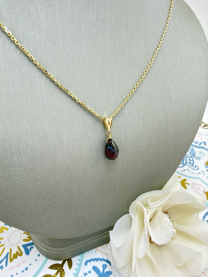 14k Yellow Gold Genuine Garnet Drop Pendant, 0.75" New