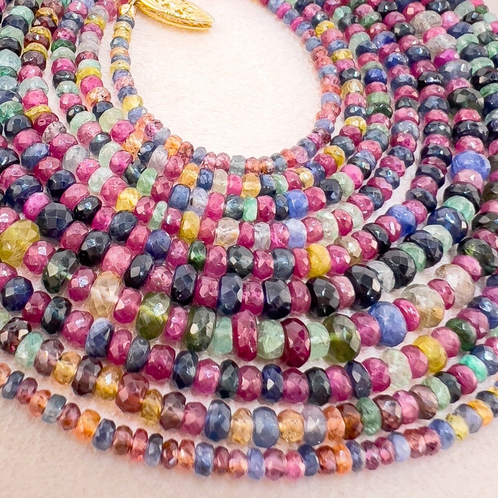 Genuine Multicolor Sapphire, Ruby & Emerald 14K Yellow Gold Necklace, New 82"