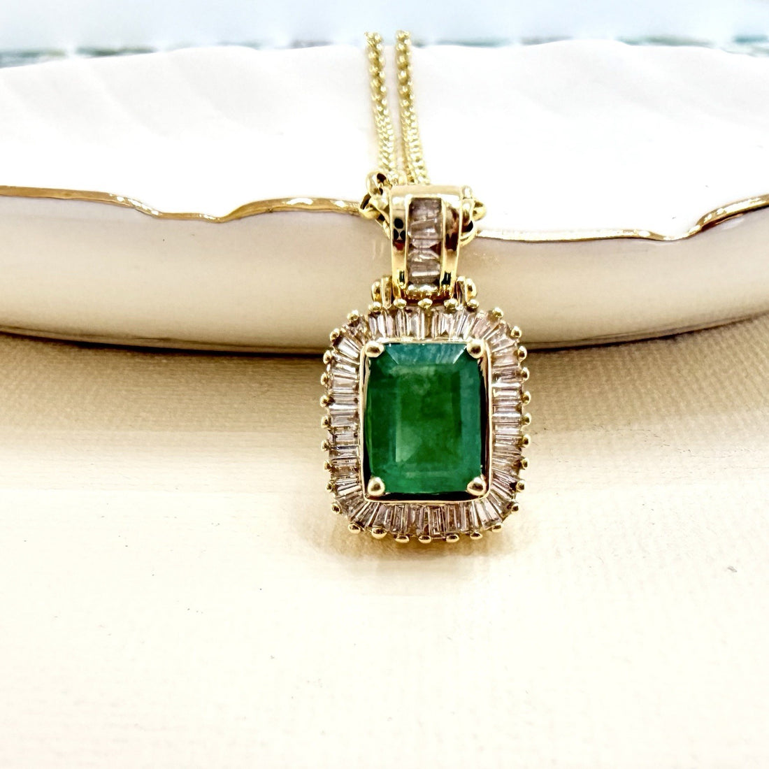14k Yellow Gold Genuine Emerald & Diamond Pendant, Preowned