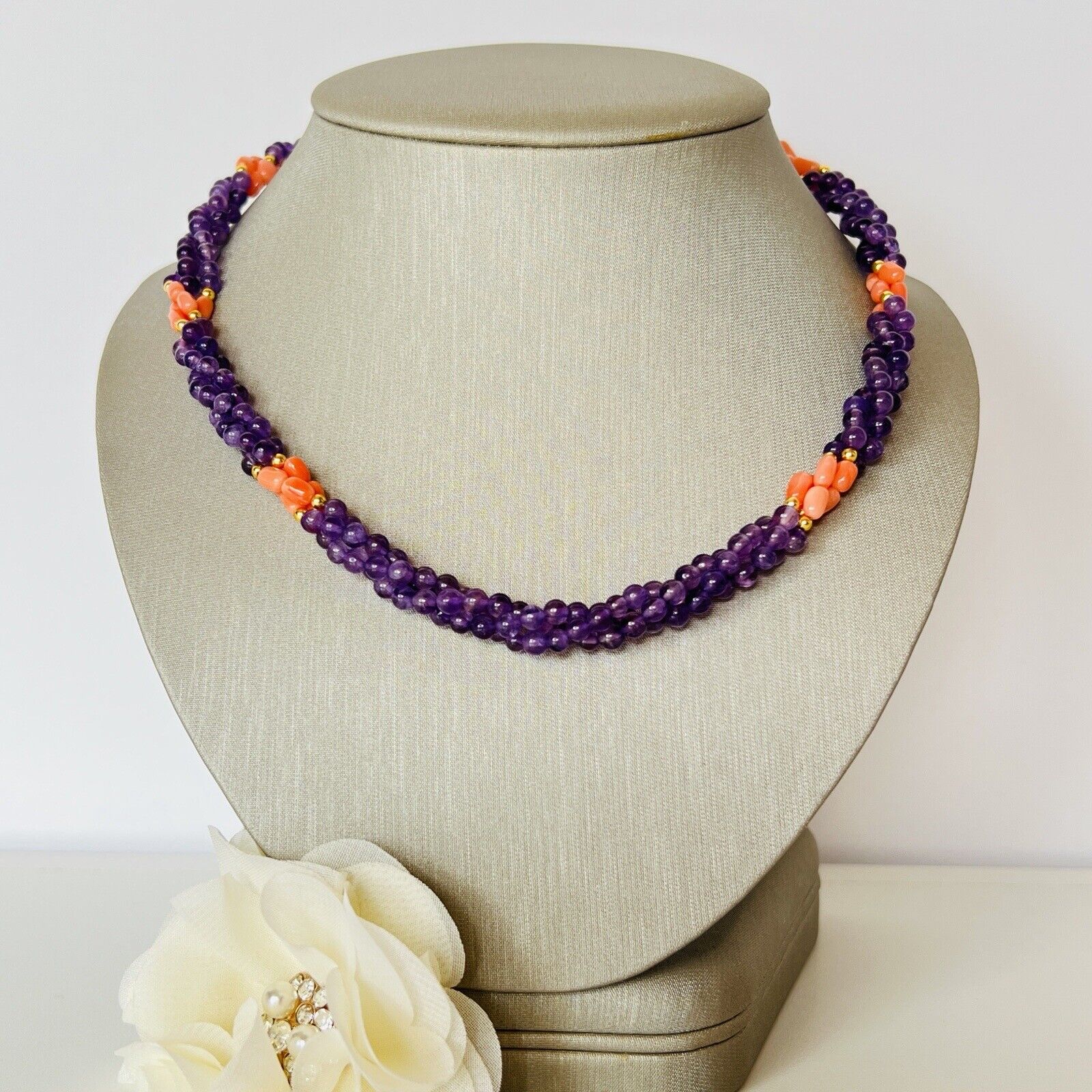 Vintage Beautiful Genuine Salmon Coral & Amethyst Woven Rope Necklace 18 inches