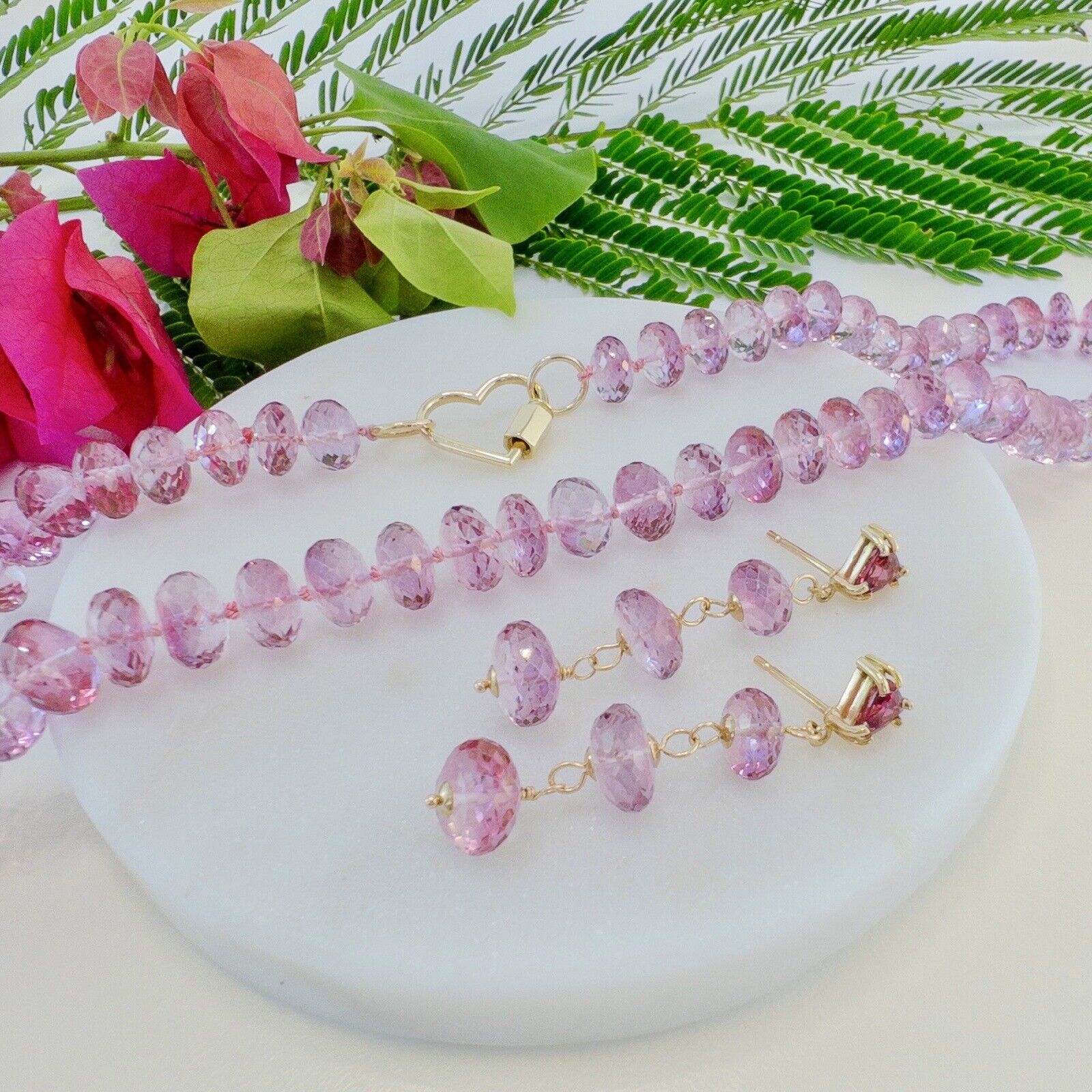 Solid 14k Yellow Gold Heart Clasp & Pink Topaz Necklace, New 17"