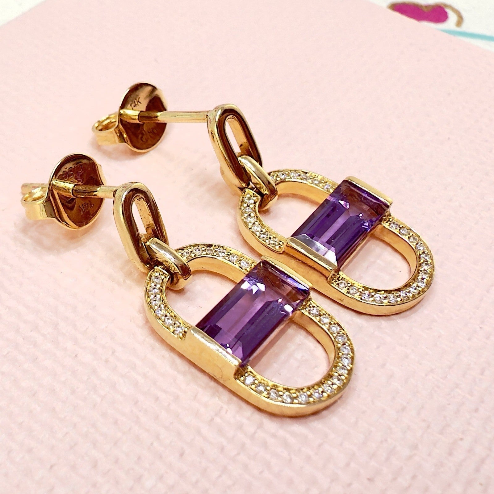 14k Yelow Gold Genuine Amethyst & Diamond Monernist Dangle Earrings, New