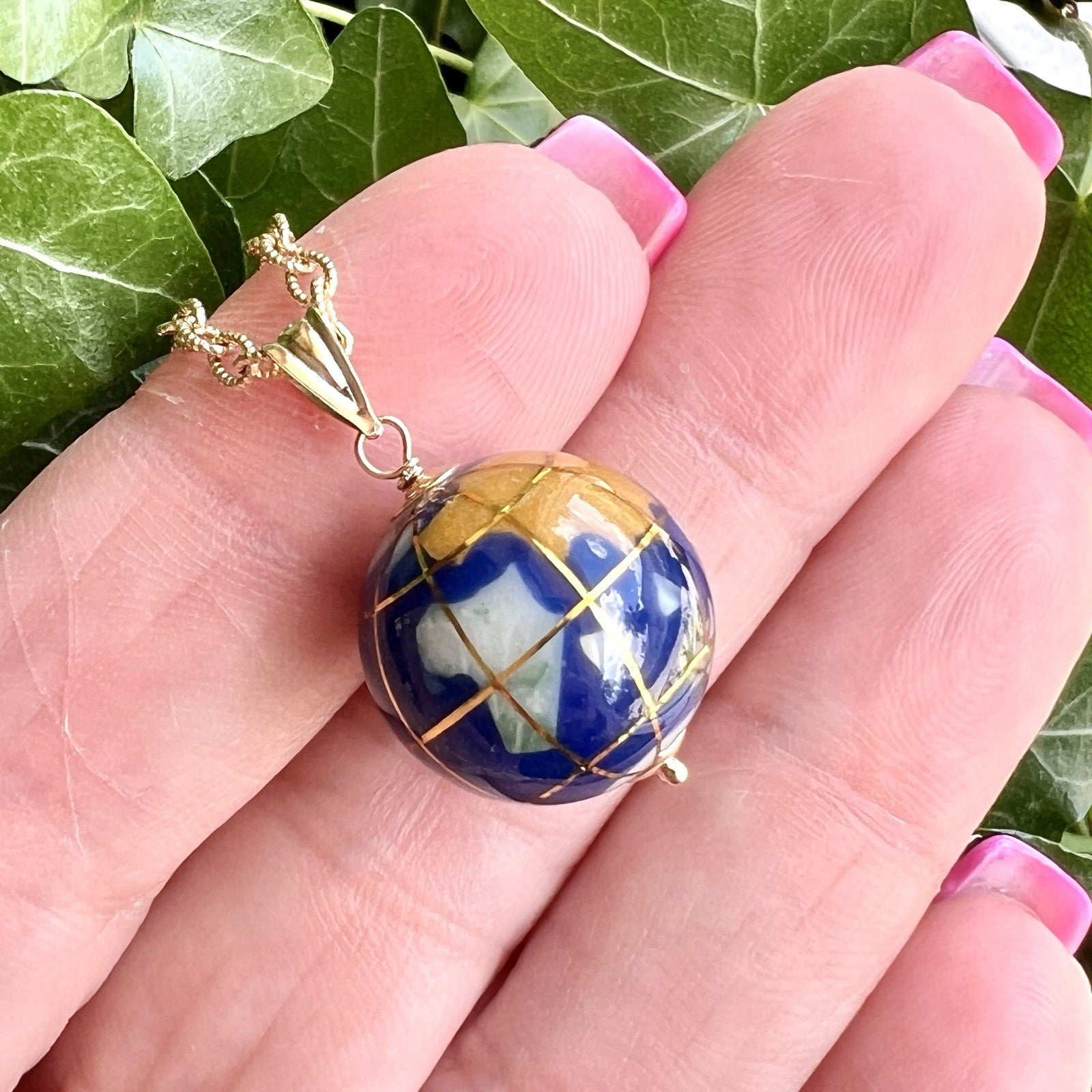 World Globe Gemstone Inlay Solid 14k Yellow Gold Pendant, New, 1.06"