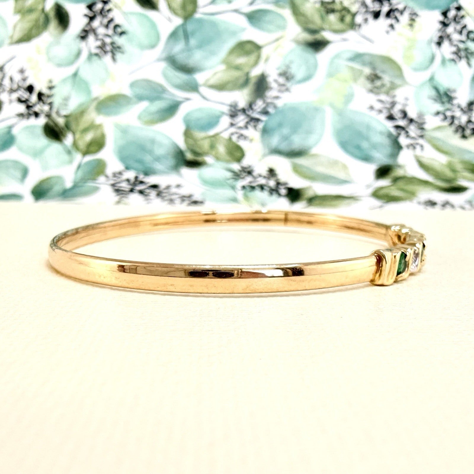 10k Yellow Gold Genuine Emerald & Diamond Bangle Bracelet, Preowned