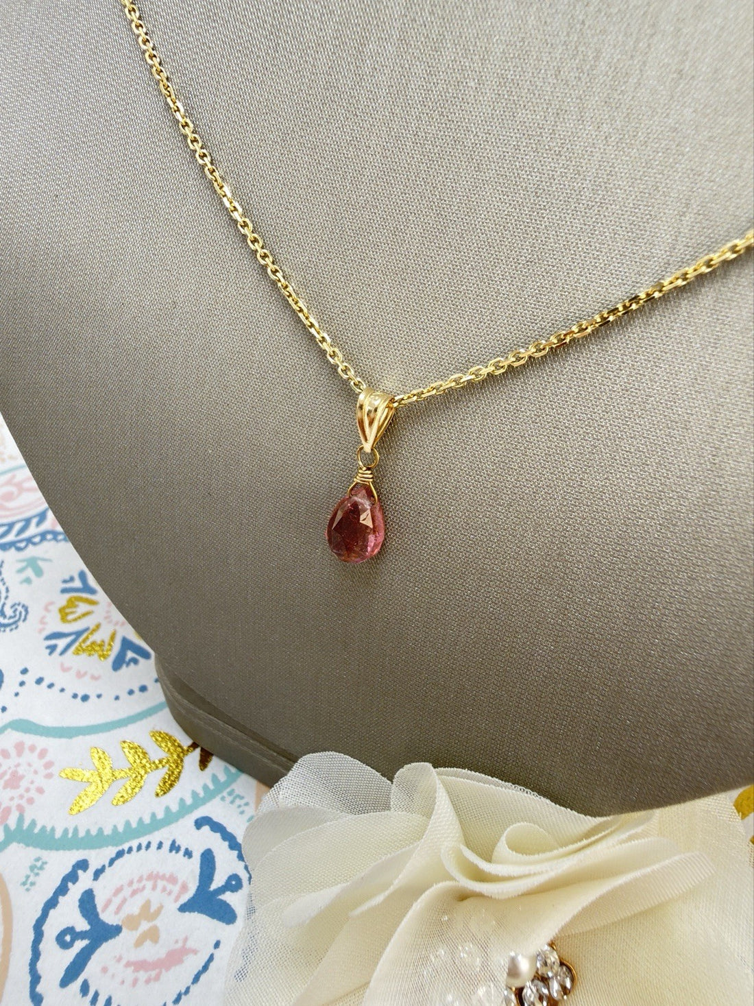 14k Yellow Gold Genuine Pink Tourmaline Drop Pendant, 0.75" New