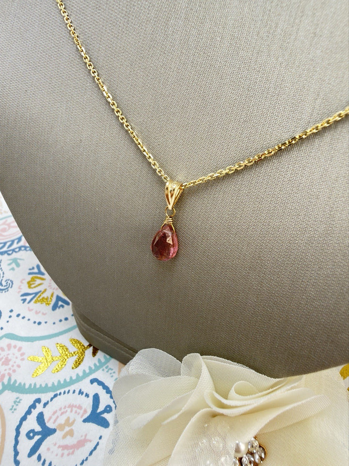 14k Yellow Gold Genuine Pink Tourmaline Drop Pendant, 0.75" New