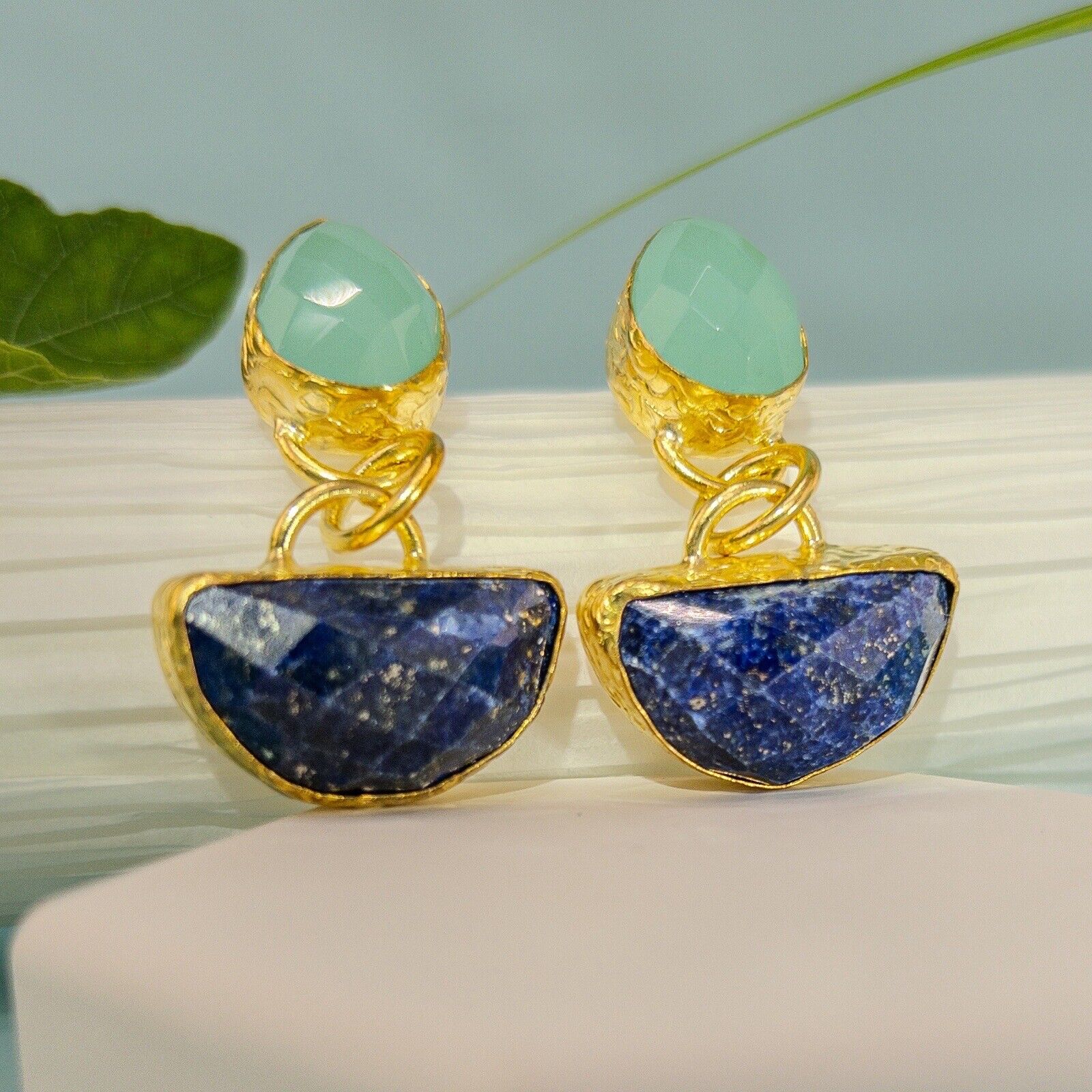 Etruscan Revival Genuine Green Chalcedony & Lapis Lazuli GP Dangle/Drop Earrings
