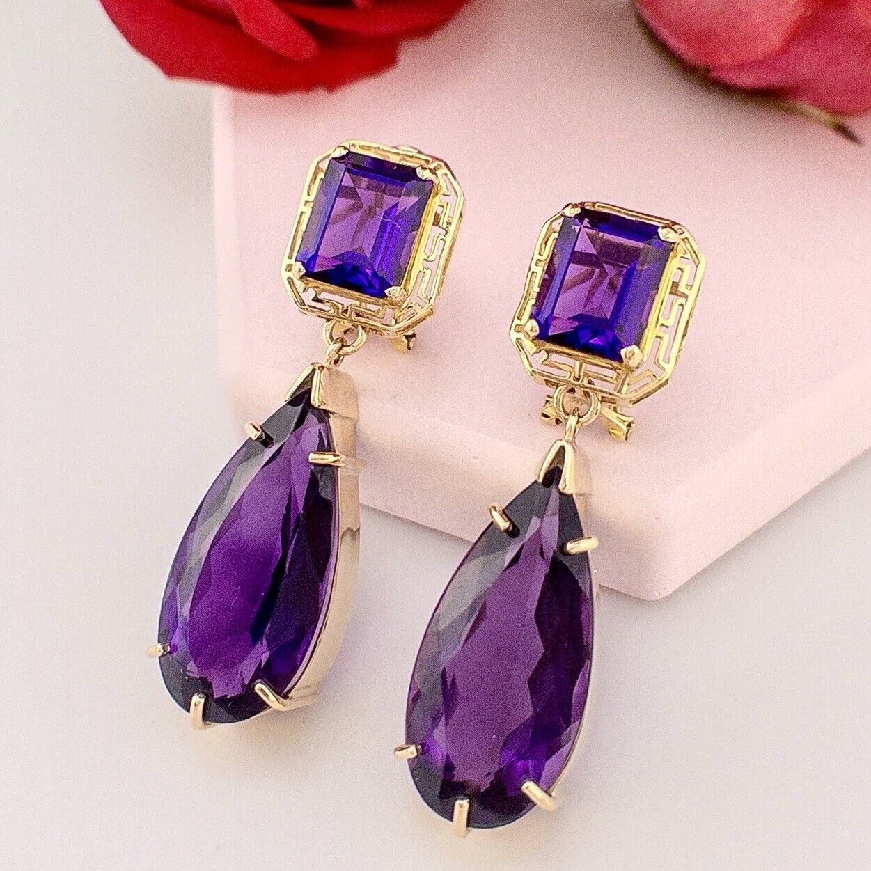 Solid 14k Yellow Gold Genuine Amethyst Omega-Back Dangle/Drop Earrings, 1.8"