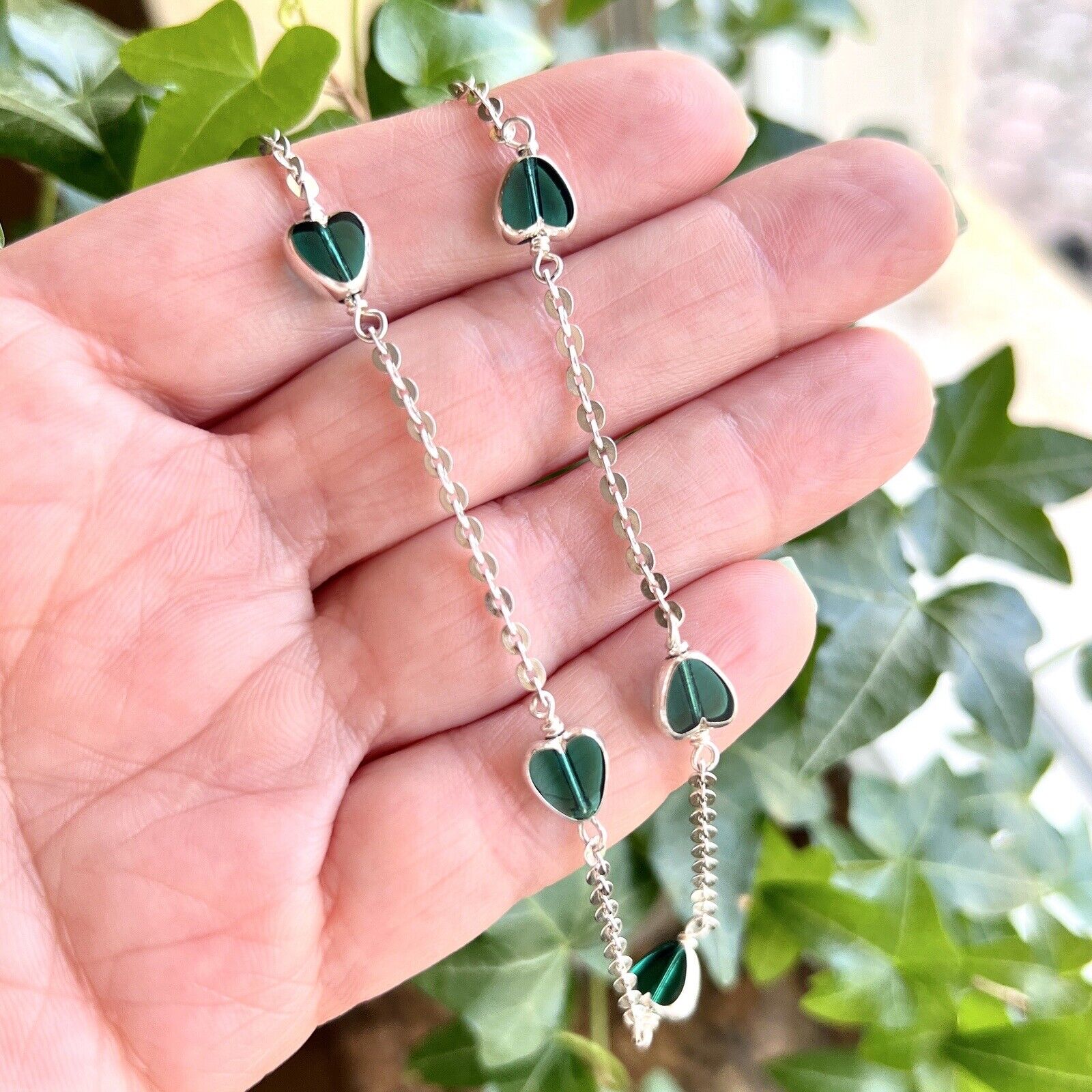 Vintage Sterling Silver Green Crystal Heart Station Necklace, New 15.5"