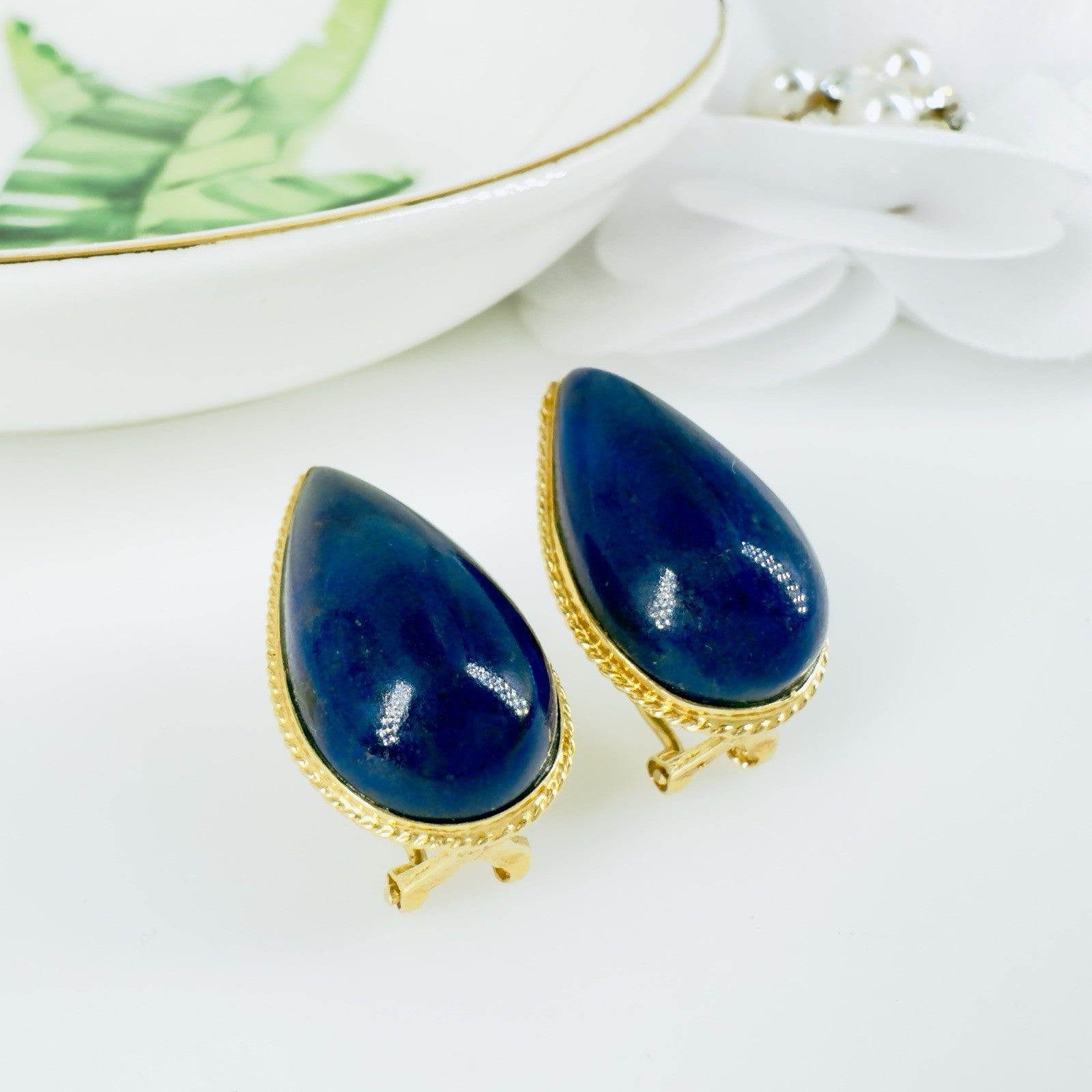 14k Yellow Gold Dark Blue Lapis Lazuli Omega Back Earrings, Preowned