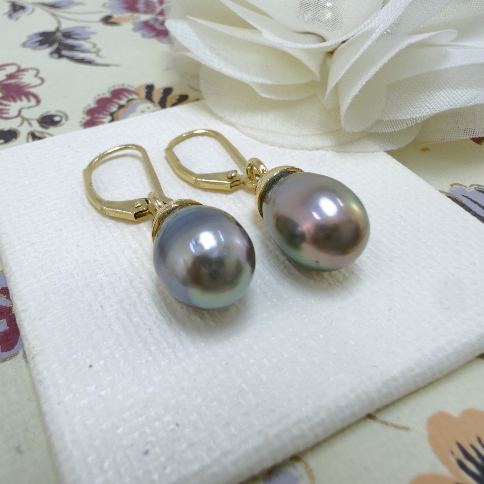14k Yellow Gold Genuine Gray/Peacock Pearl Drop Leaverback Earrings
