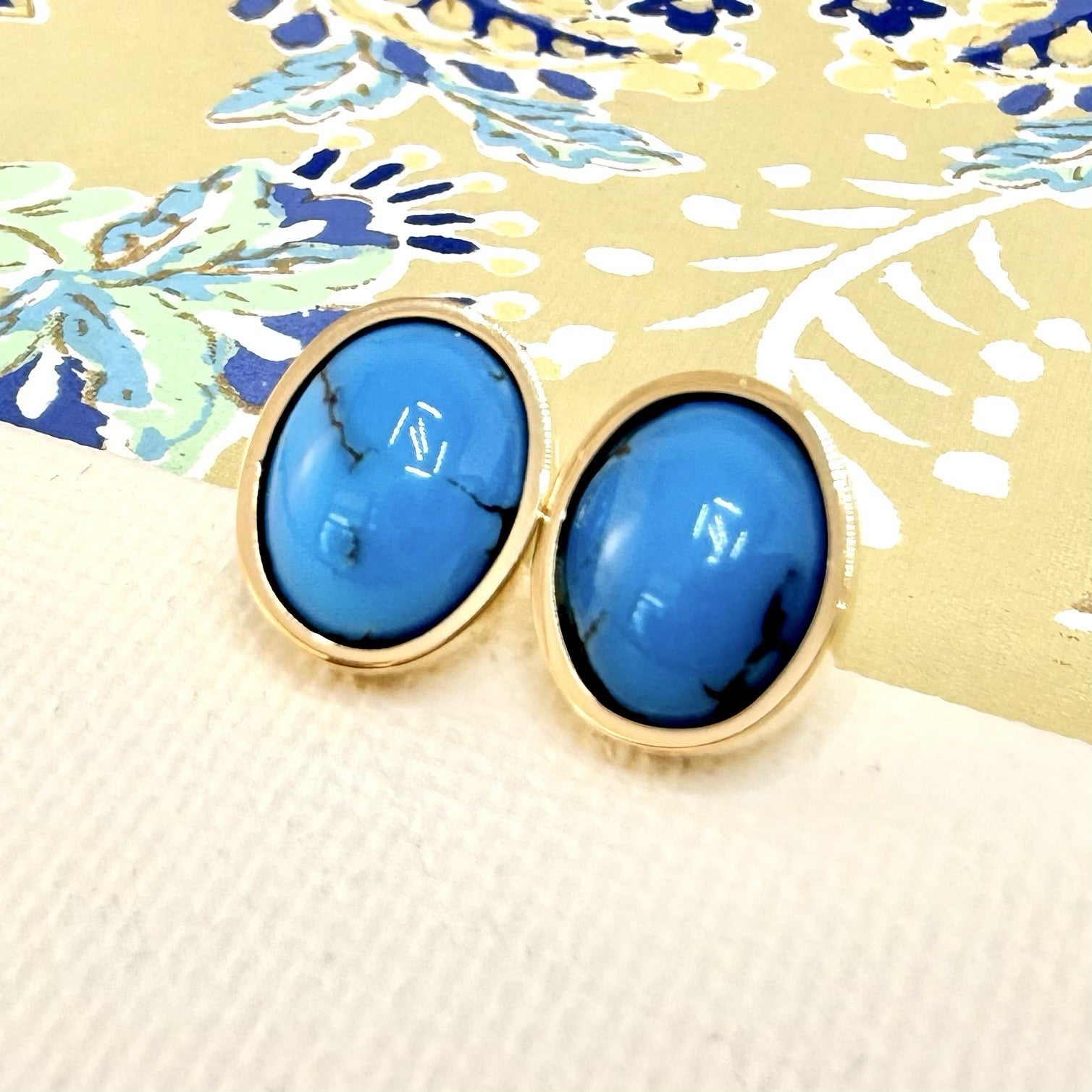 14k Yellow Gold Egyptian Turquoise Custom Made Stud Earrings, New Pair #3