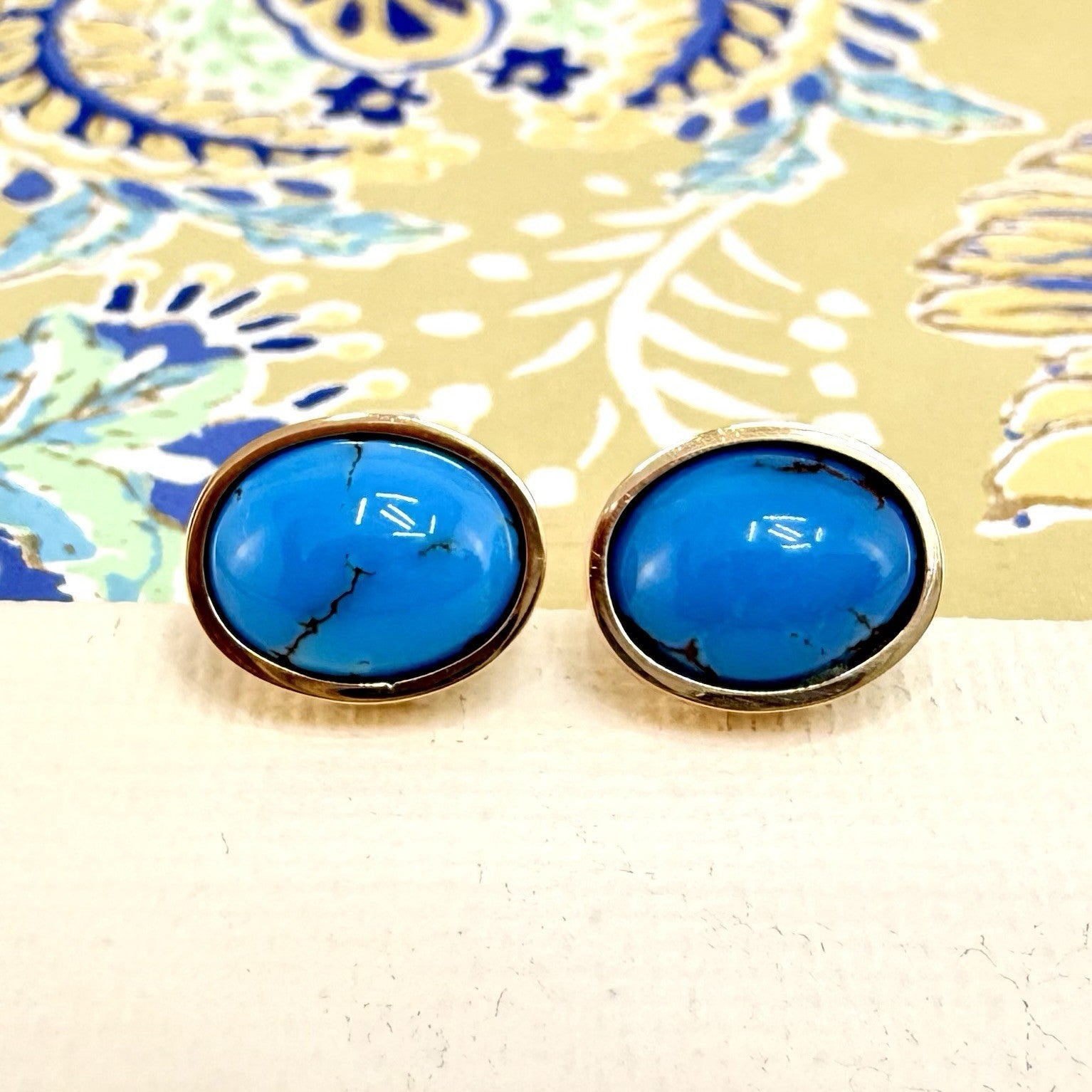 14k Yellow Gold Egyptian Turquoise Custom Made Stud Earrings, New Pair #3