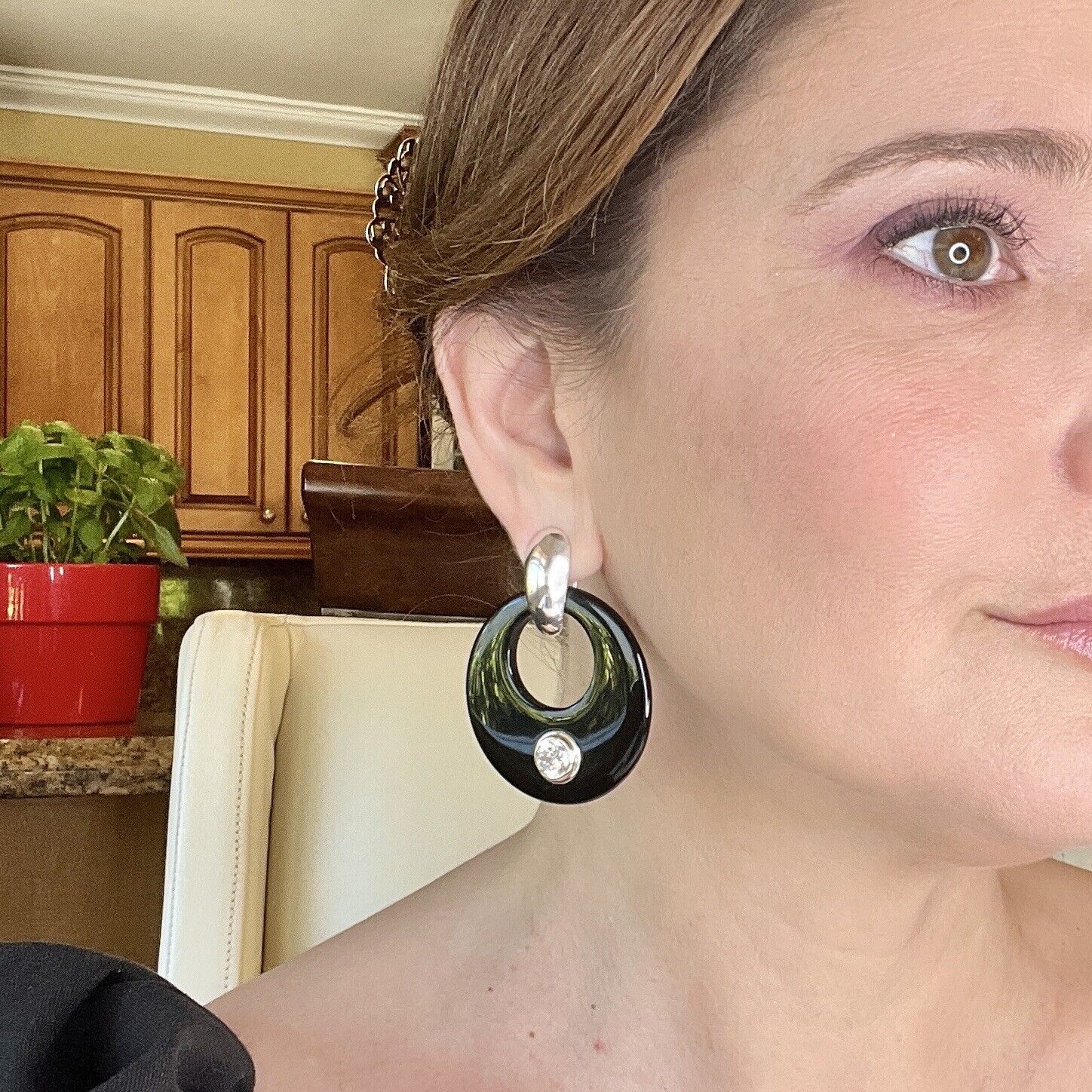 Vintage Sterling Silver Onyx & Cubic Zirconia Round Hoop Omega Dangle Earrings