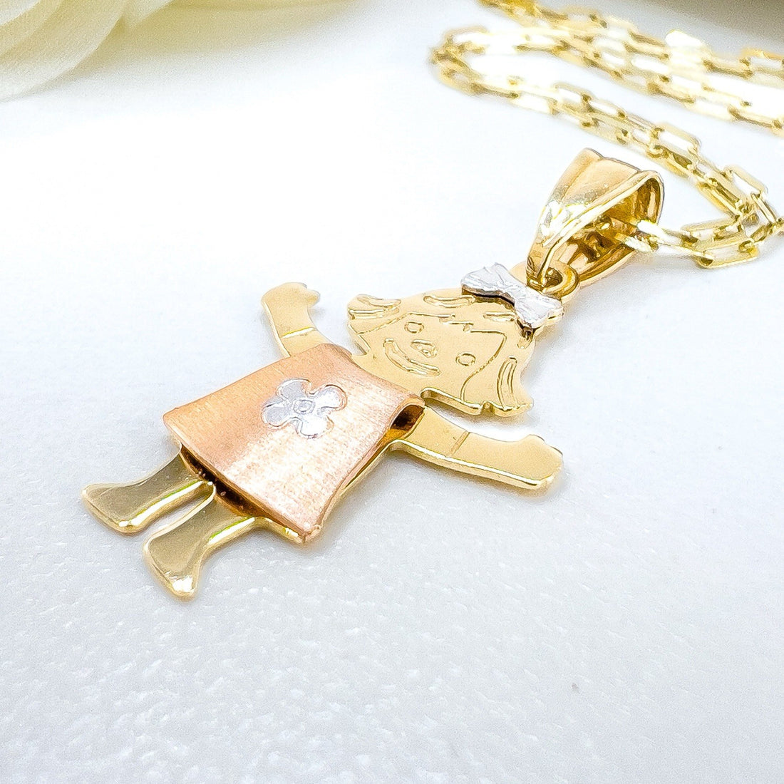 14k Gold Girl in Sundress Charm Pendant, New 1.12"