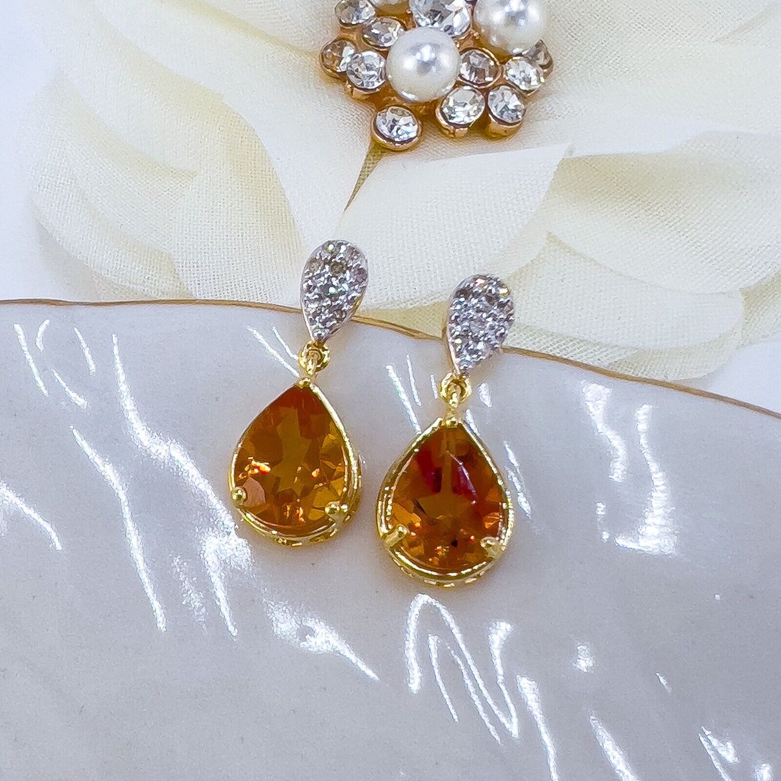 Genuine Citrine & Diamond Solid 10k Yellow Gold Dangle/Drop Earrings