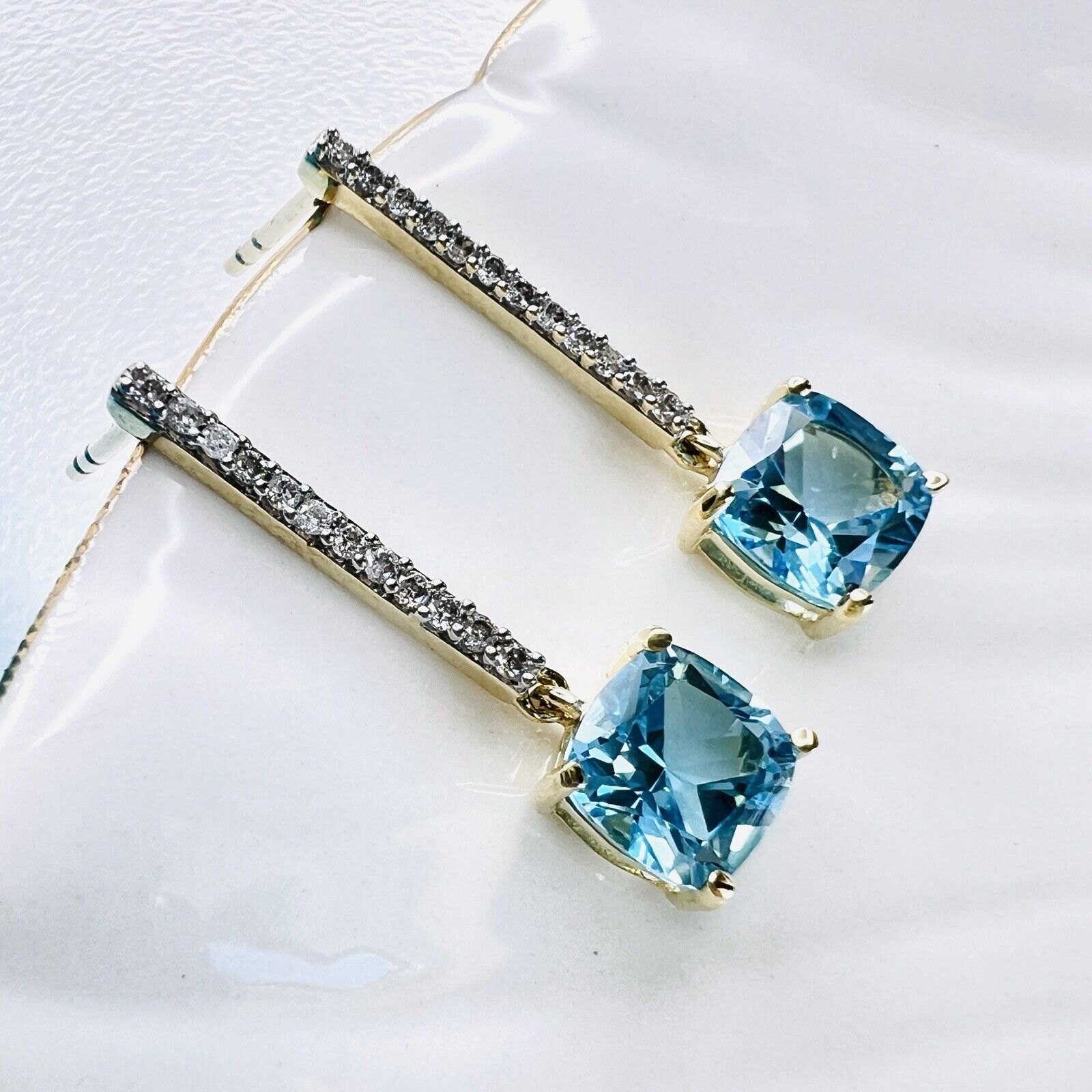 Solid 10k Yellow Gold Genuine Swiss Blue Topaz & Diamond Dangle Earrings, New