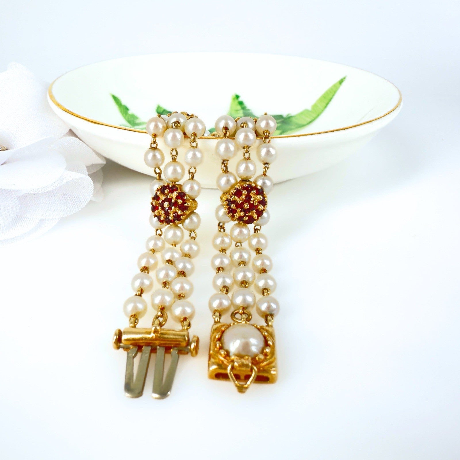 14k Gold Vintage Akoya Pearl 3-Row Bracelet & Garnet Slide Bracelet Charms