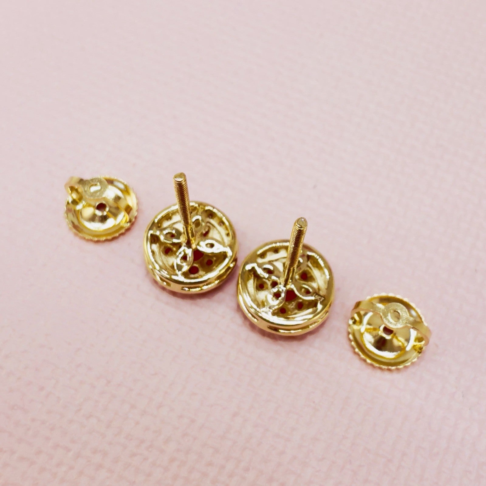 14k Yellow Gold Genuine Ruby & Diamond Halo Stud Screw-Back Earrings, New