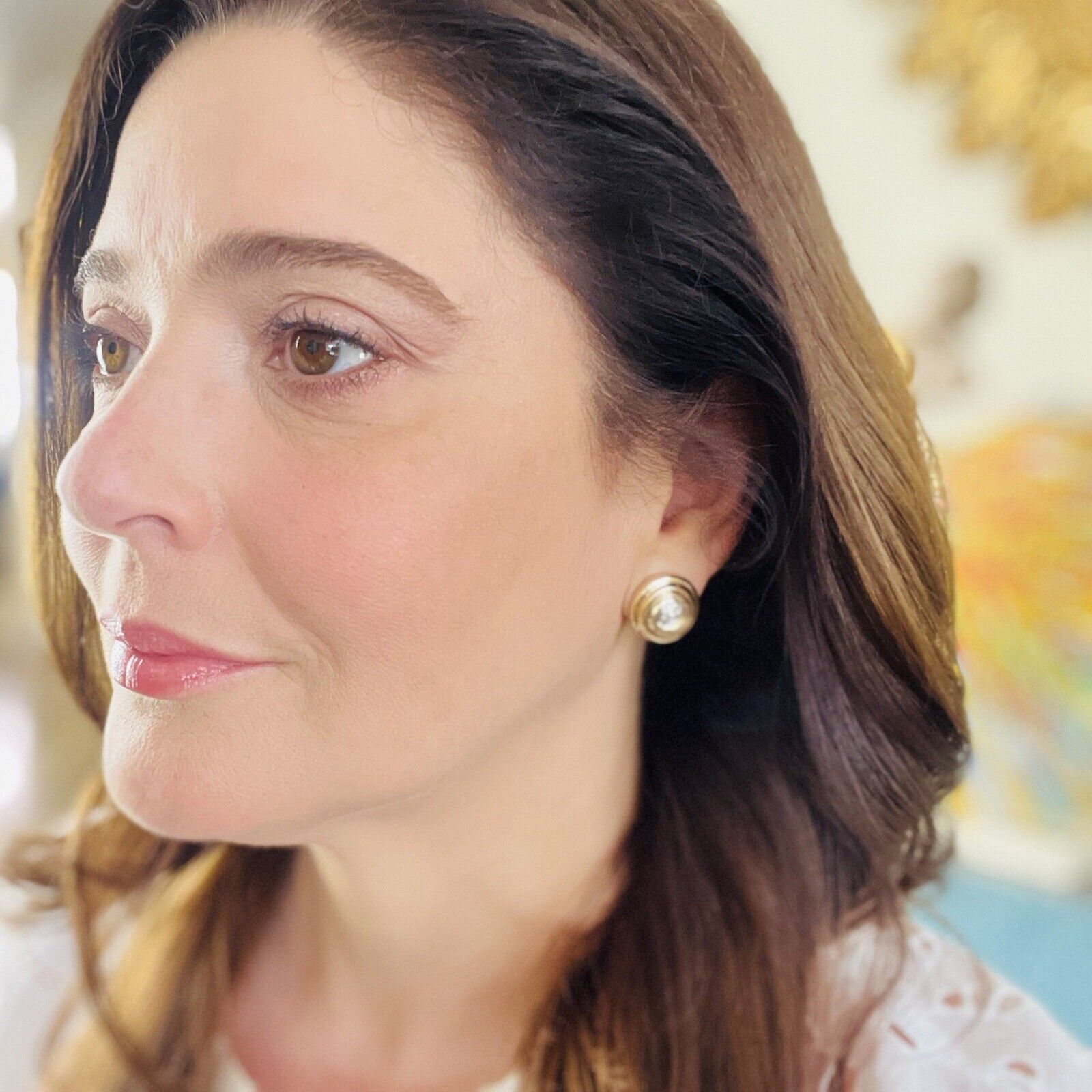 14k Yellow Gold Diamond Swirl "Button" Post & Omega Clip Earrings