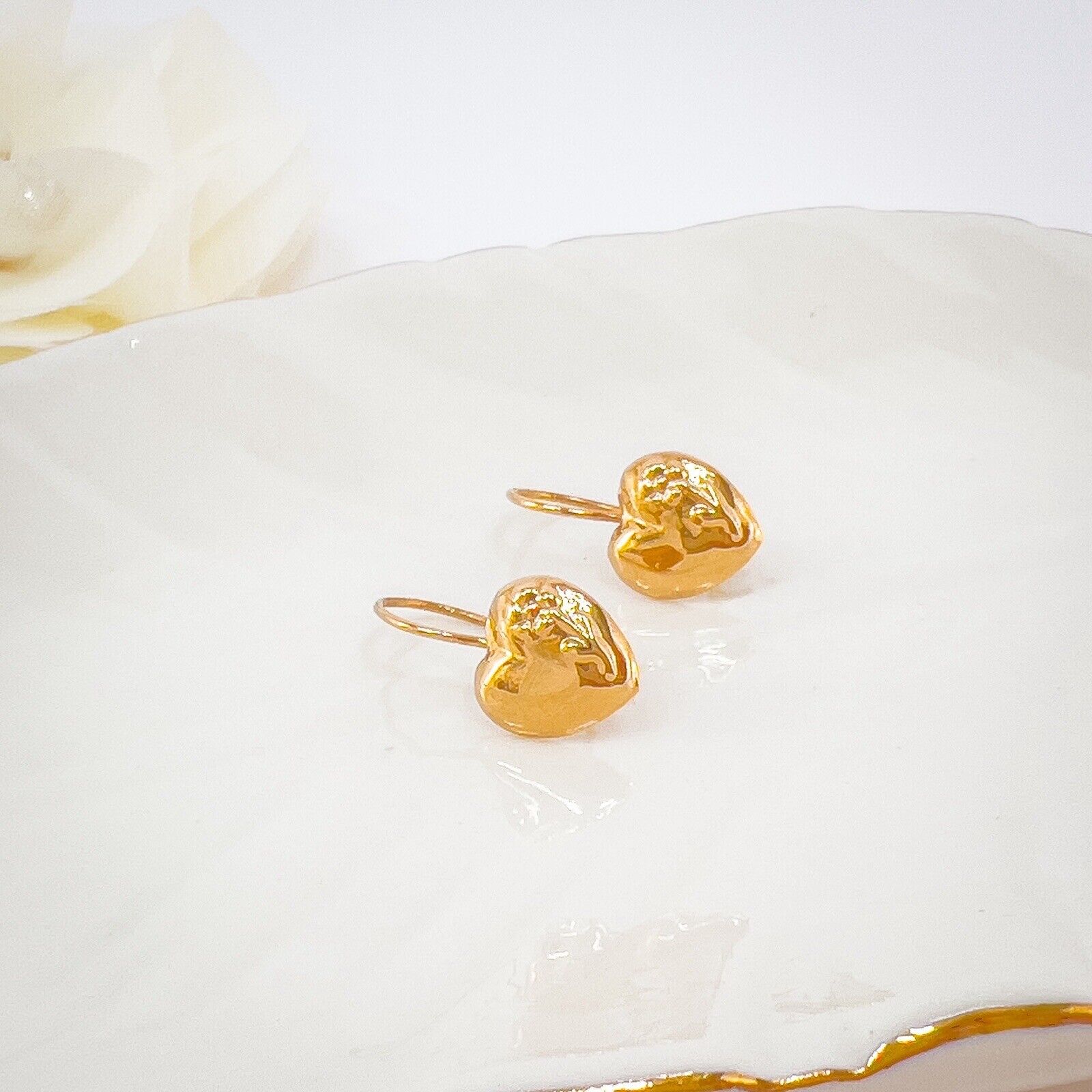 Antique 14k Rose Gold Repoussé Flower Heart Design Dangle Hook Earrings