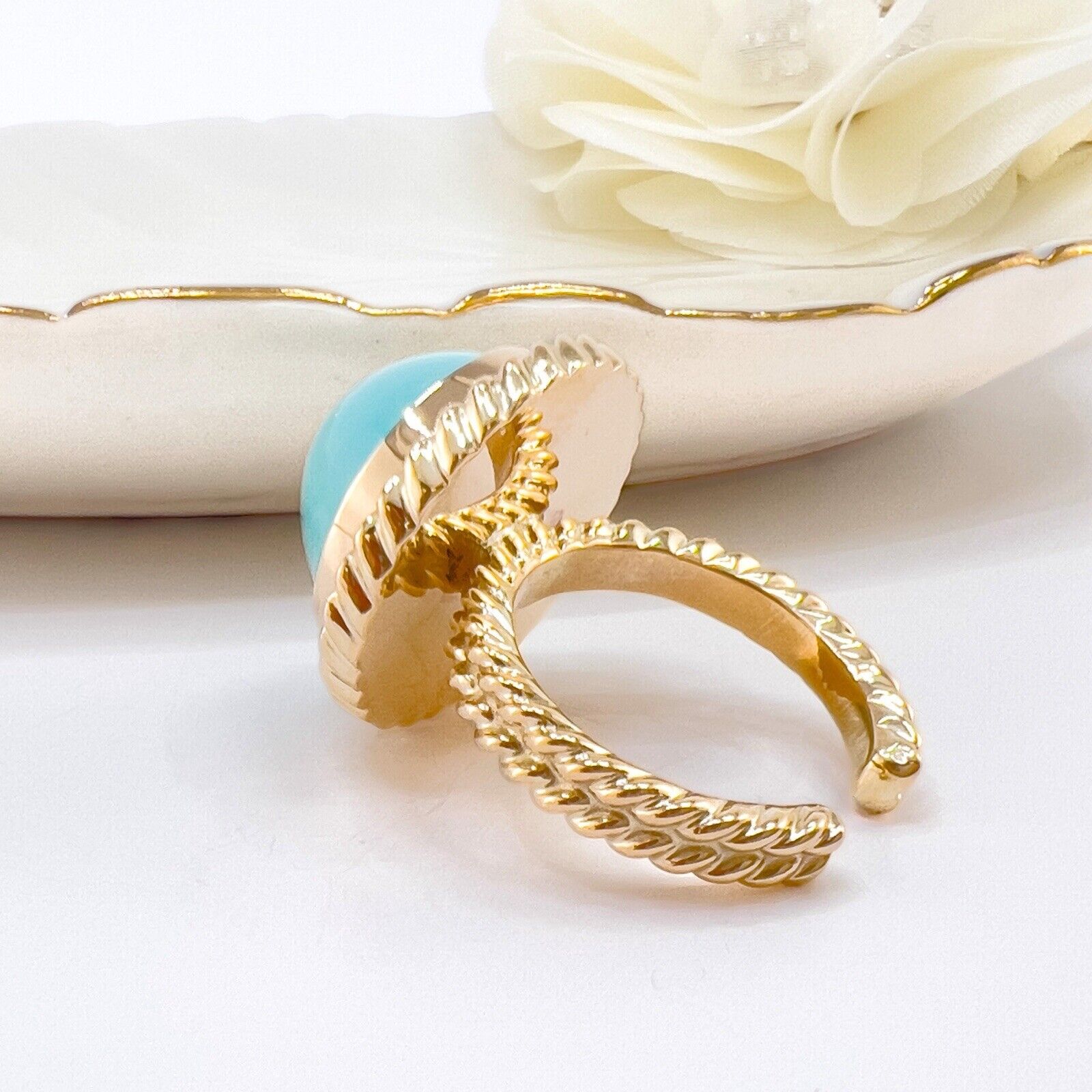 14k Yellow Gold Persian Turquoise (15mm) Handcrafted Ring, New, Size 6.75