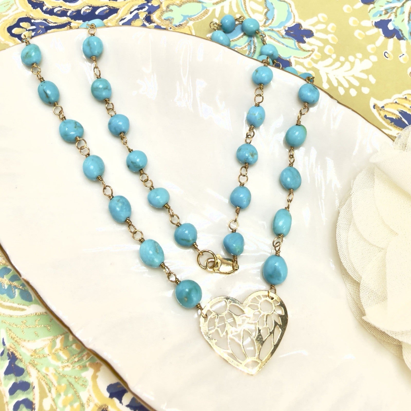 14k Sleeping Beauty Turquoise with Pierce-Work Heart Pendant Necklace, 18.25"