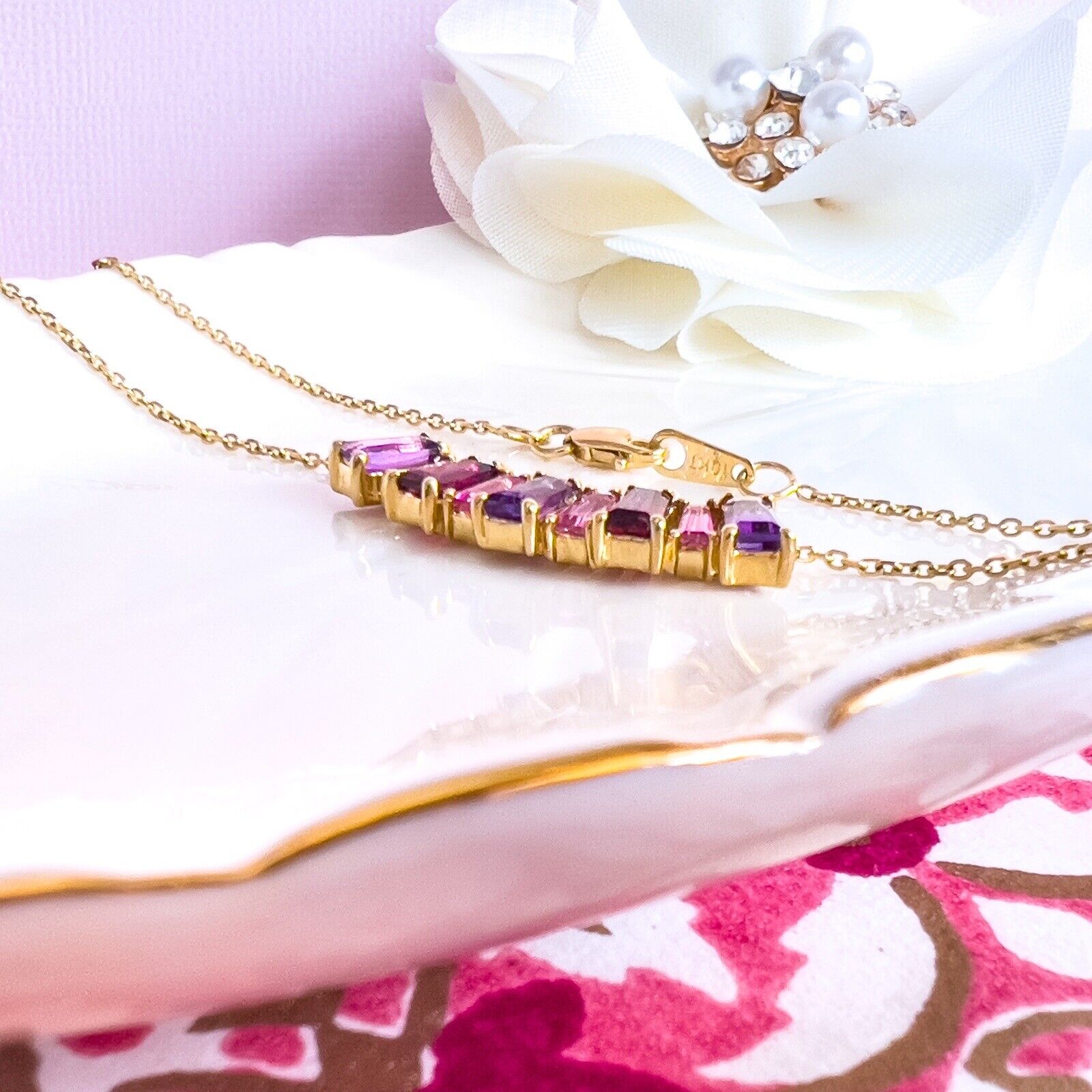 10k Yellow Gold Genuine Garnet & Amethyst Pendant Necklace, Adj. 16-18" New