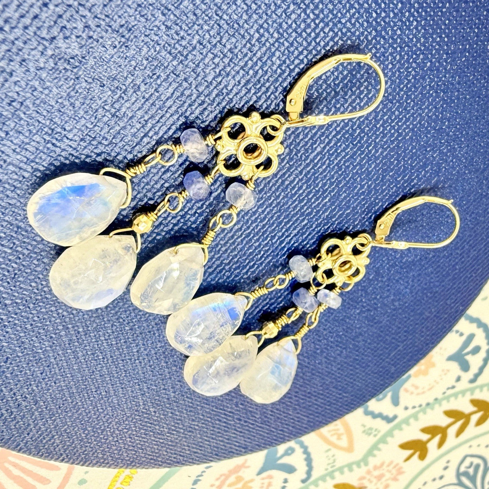 14k Yellow Gold Genuine Rainbow Moonstone and Sapphire Chandelier Earrings,