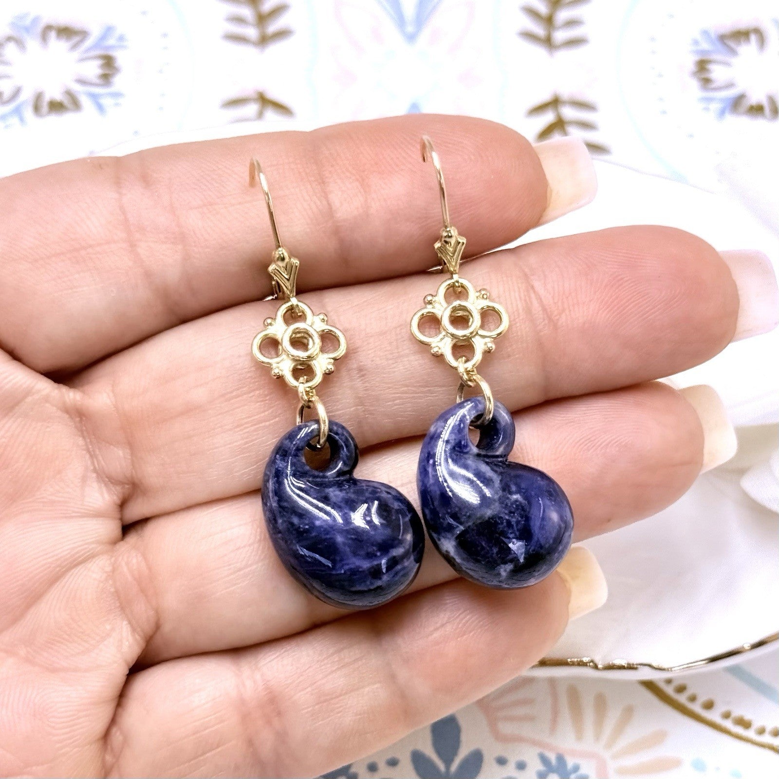 14k Yellow Gold Genuine Sodalite Drop Dangle Lever-back Earrings, New 1.87"