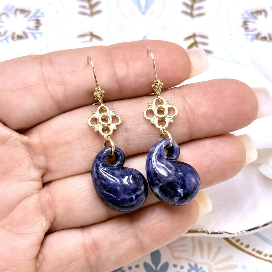 14k Yellow Gold Genuine Sodalite Drop Dangle Lever-back Earrings, New 1.87"