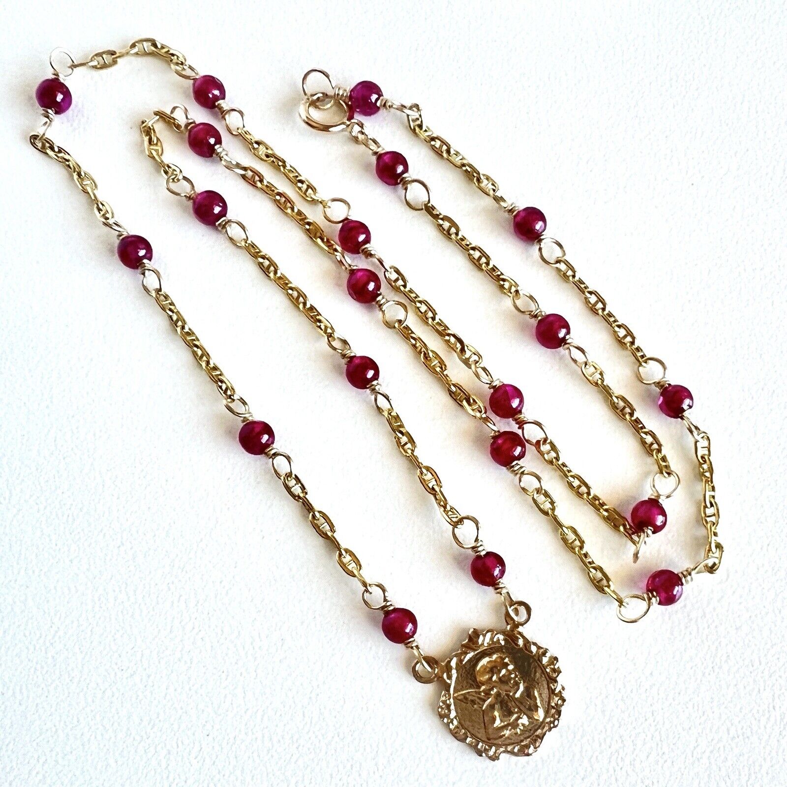 Solid 14k Yellow Gold and Lab Created Ruby (5.6ctw) Angel Necklace, New, 17.25"