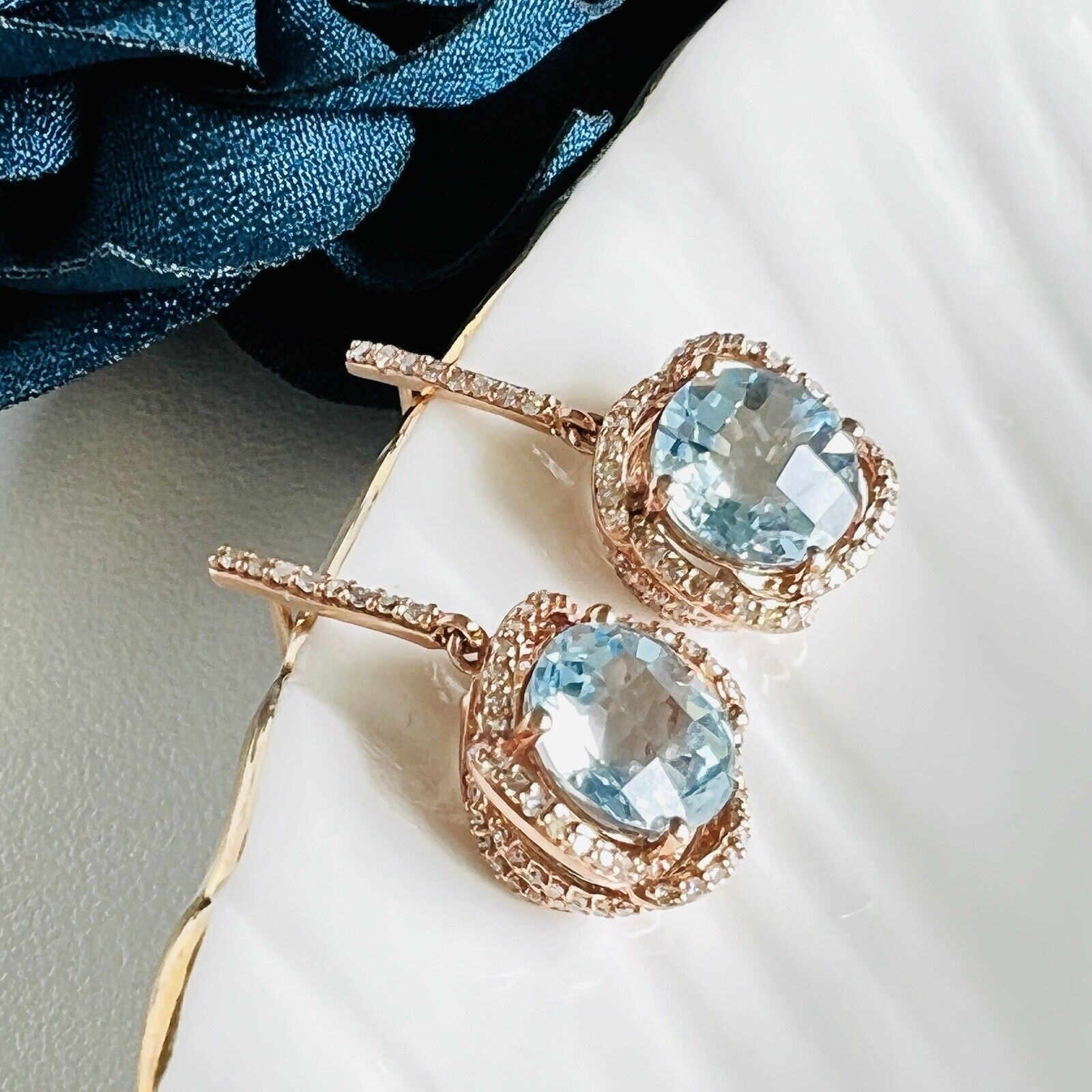 Solid 10k Rose Gold Genuine Blue Topaz (4.40ct) Diamond Dangle/Drop Earrings/New