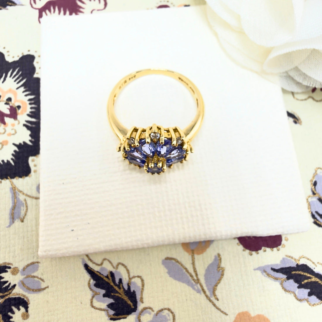 14k Yellow Gold Tanzanite &Diamond Rosette Ring, Size 6