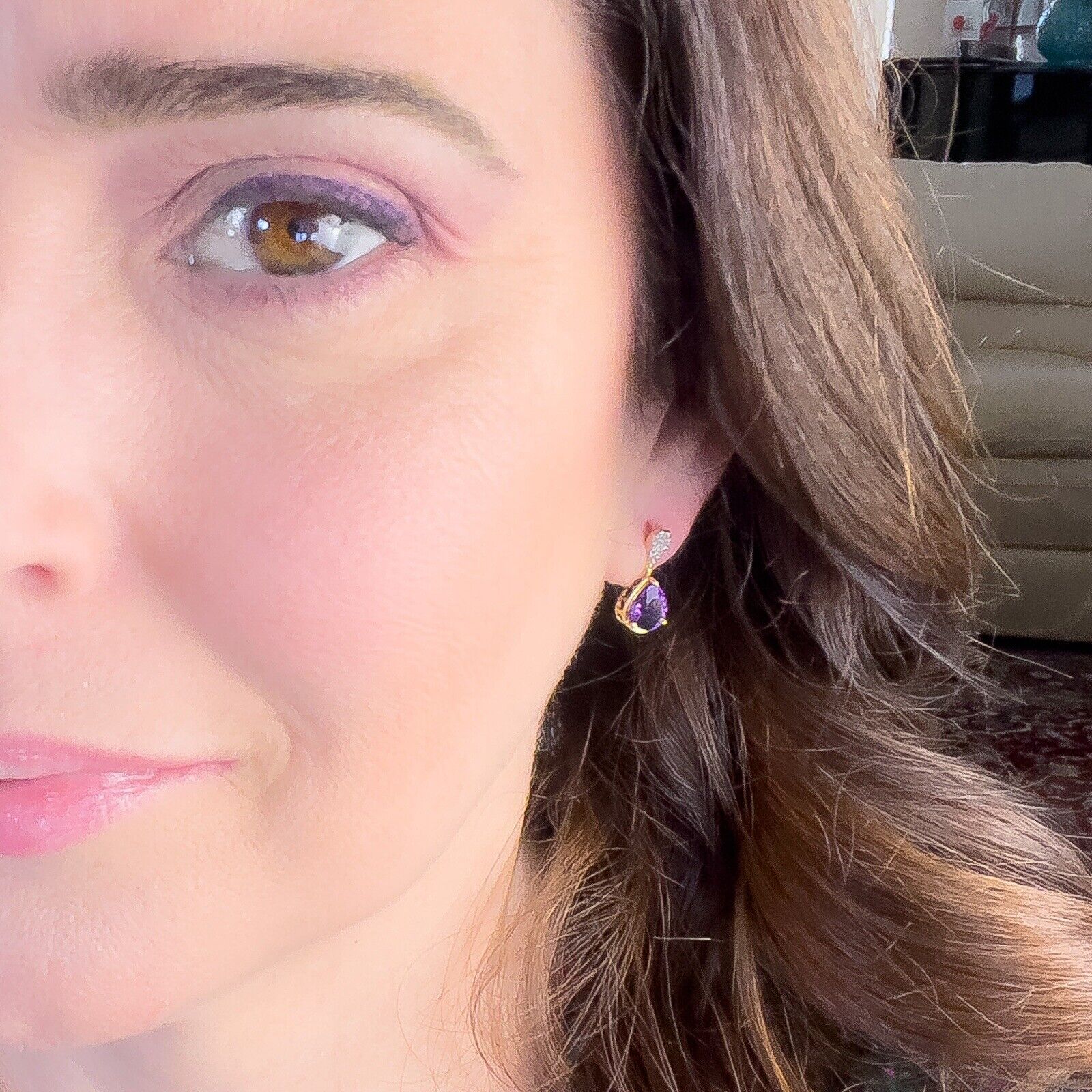 Genuine Amethyst & Diamond Solid 10k Yellow Gold Dangle/Drop Earrings