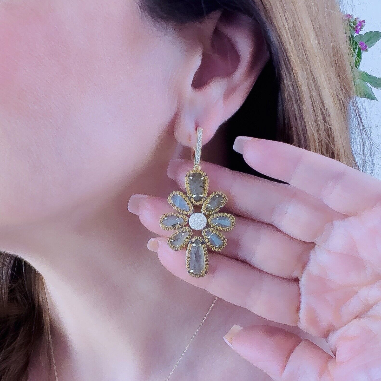 Genuine Labradorite Citrine & Cz Sterling Silver Vermeil Statement Earrings, New