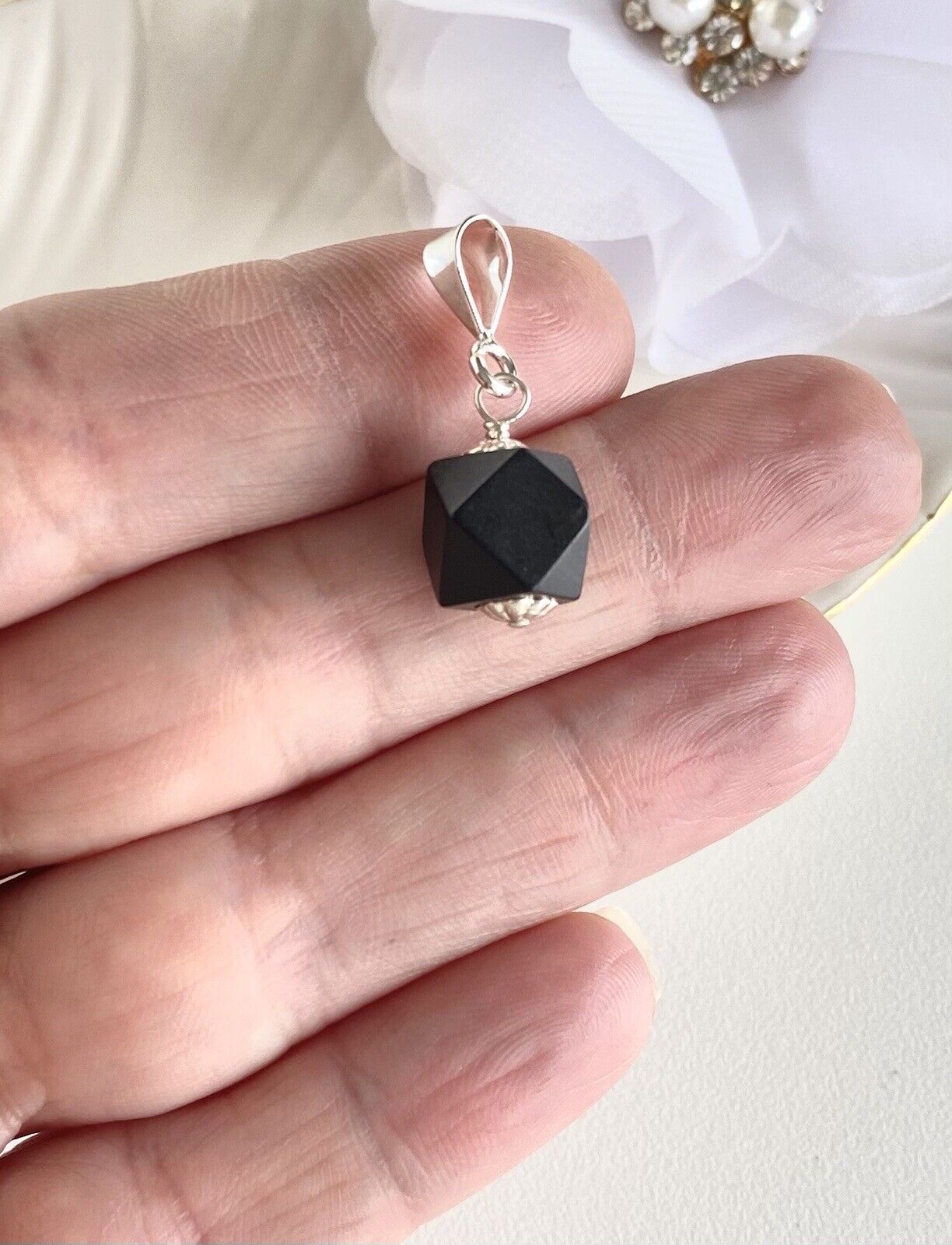 Genuine Azabache/Jet (9mm) Sterling Silver Pendant, New