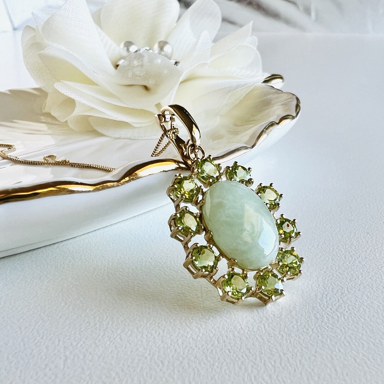 Genuine Green Jade & Peridot 14k Yellow Gold Enhancer Pendant Necklace, New 18"