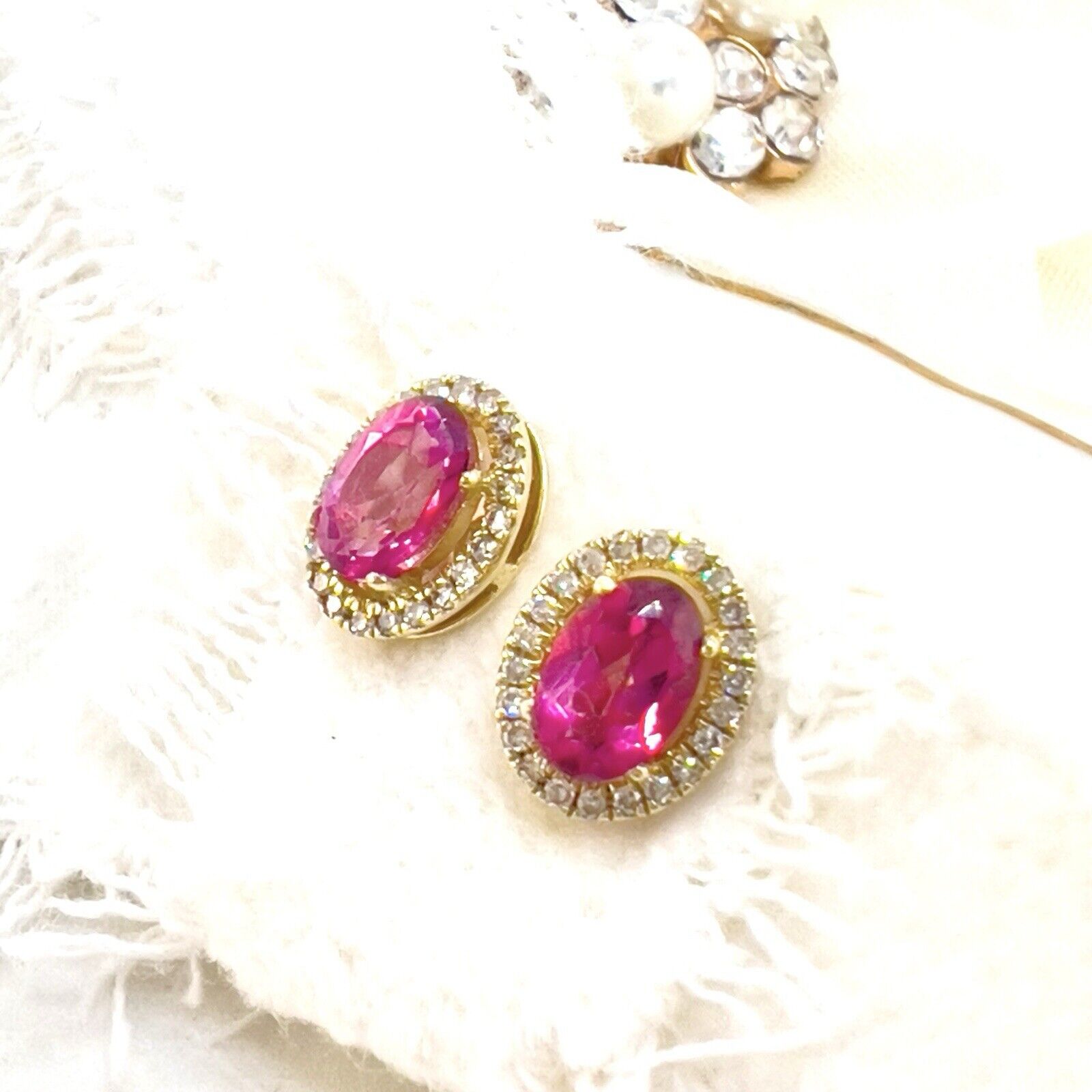 10k Yellow Gold Genuine Pink Topaz & Diamond Halo Stud Earrings, New