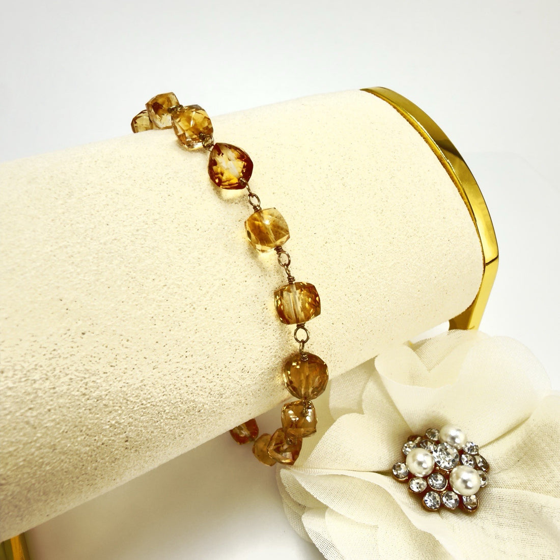 14k Yellow Gold Genuine Citrine Cube Handcrafted Bracelet, 8.25"