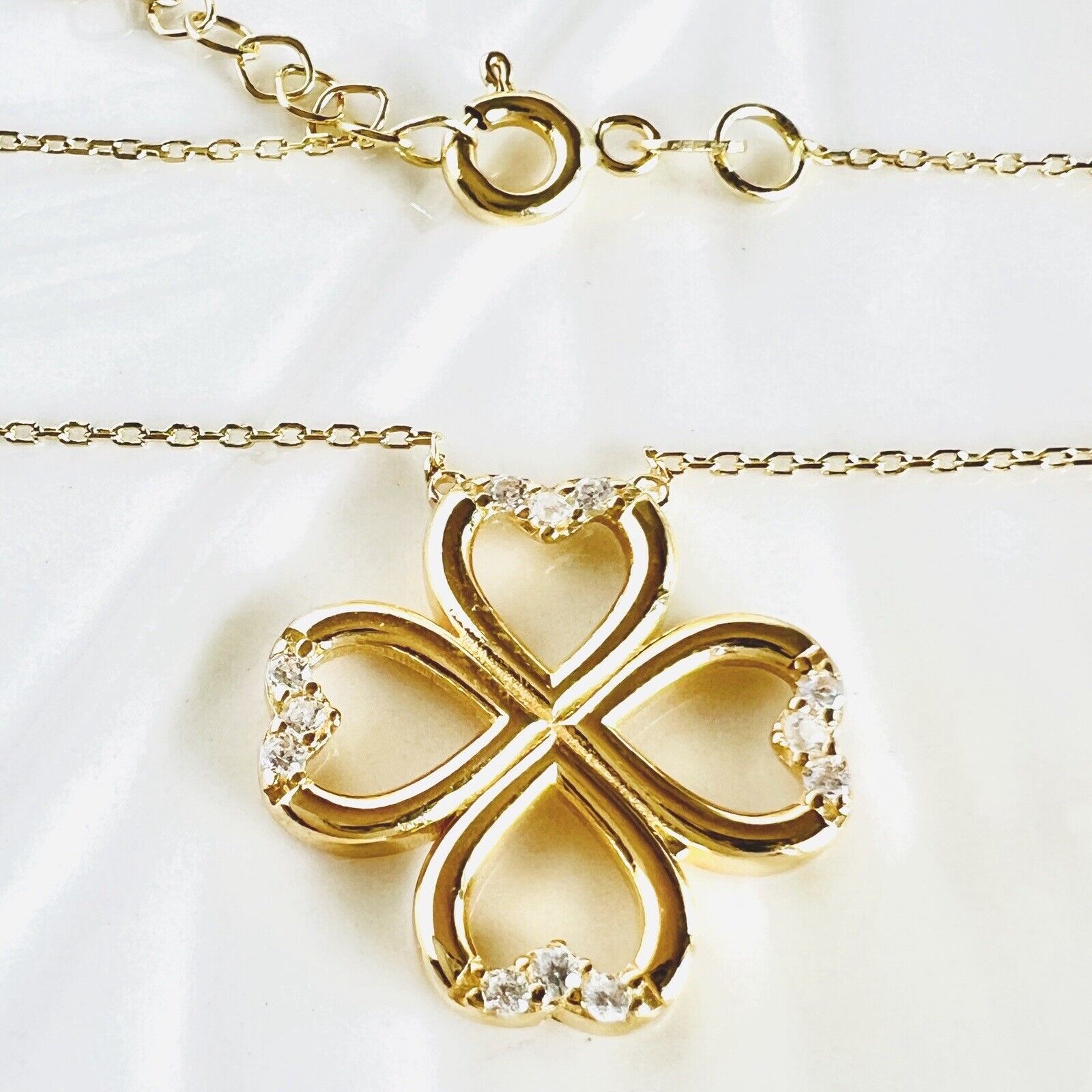 Solid 14k Yellow Gold Lucky Clover Cubic Zirconia  Pendant/Necklace New 18"