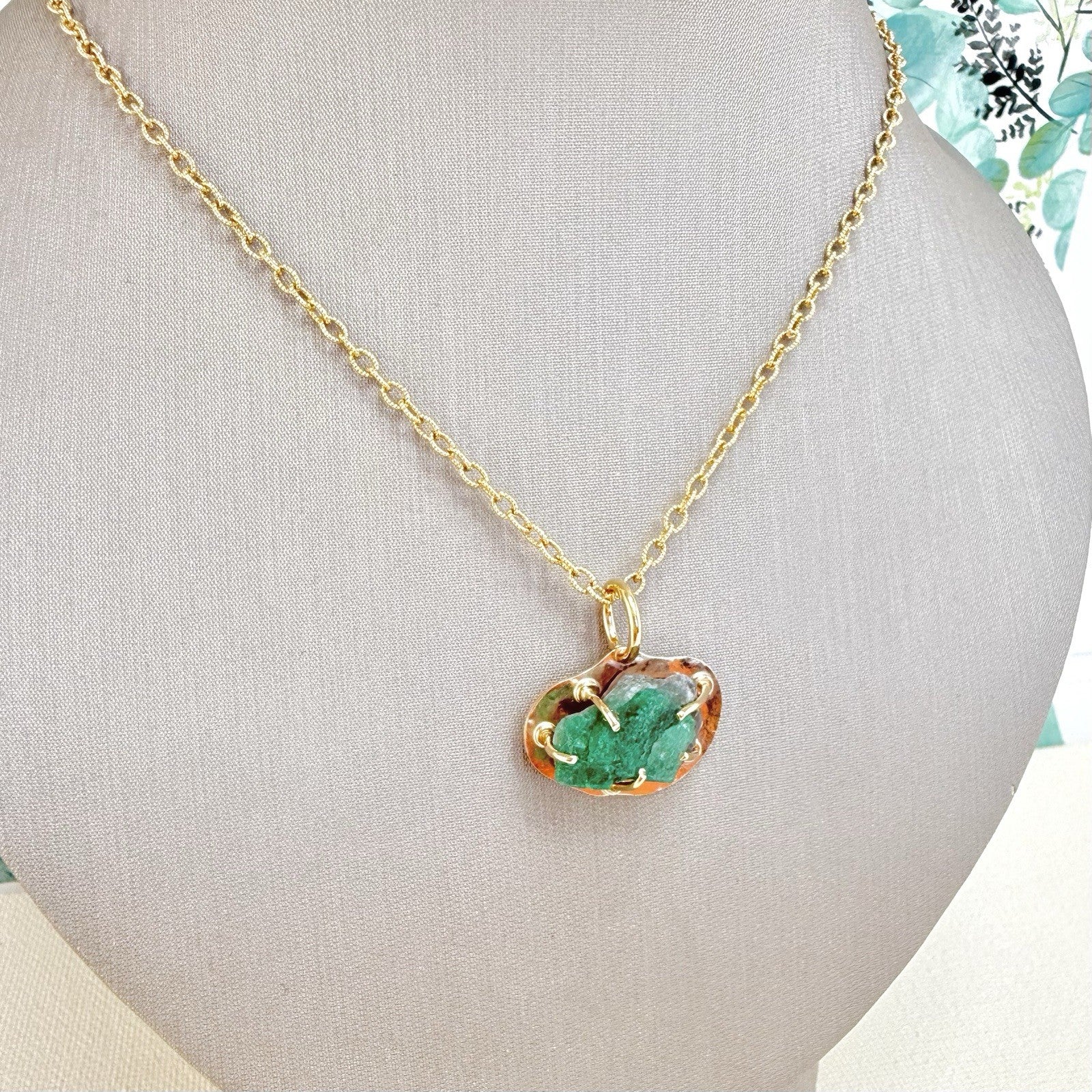 14k Yellow Gold Genuine Emerald Rough Freeform Modernist Pendant, New, Unisex