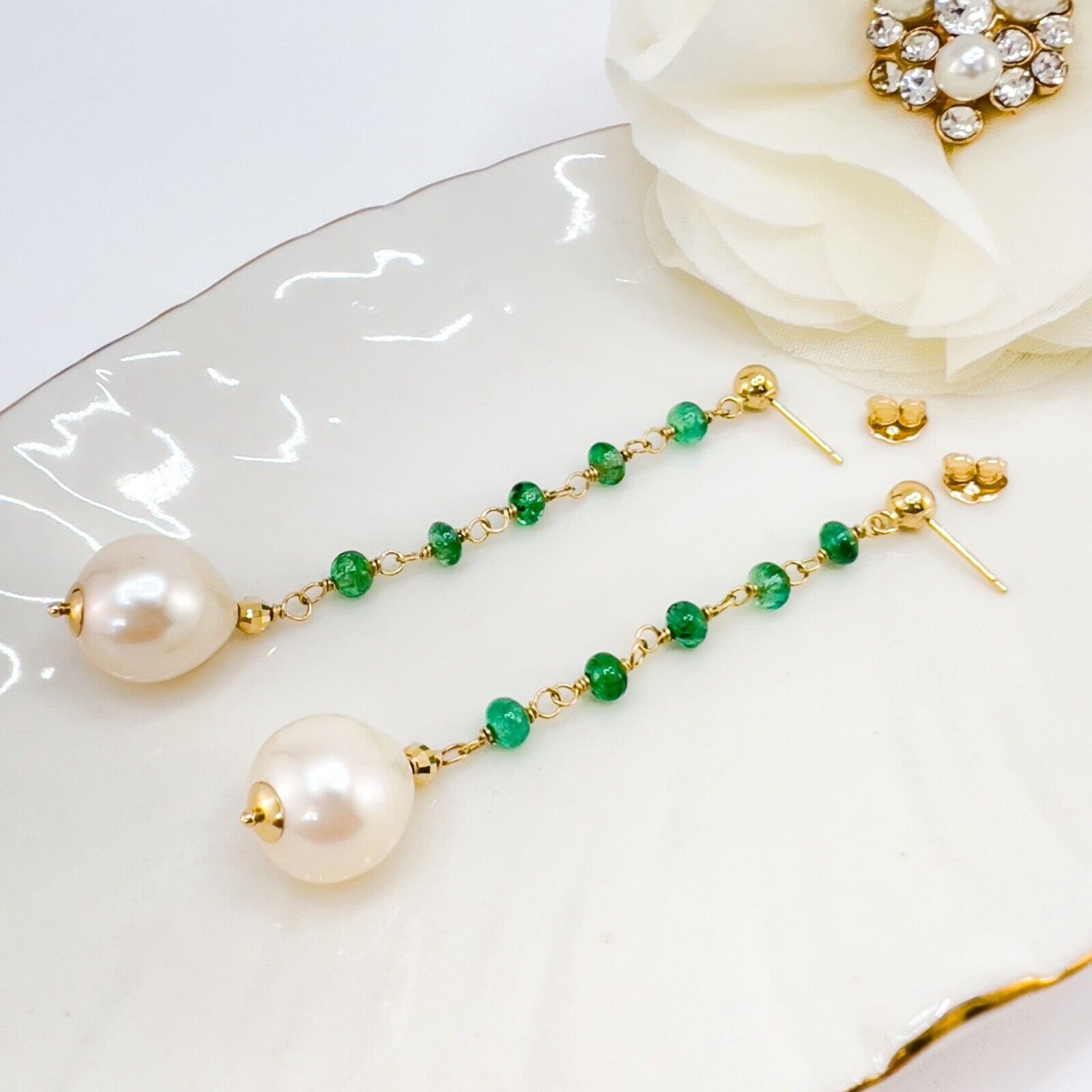 14k Yellow Gold Genuine Emerald & Pearl Dangle/Drop Earrings, New, 2.52"