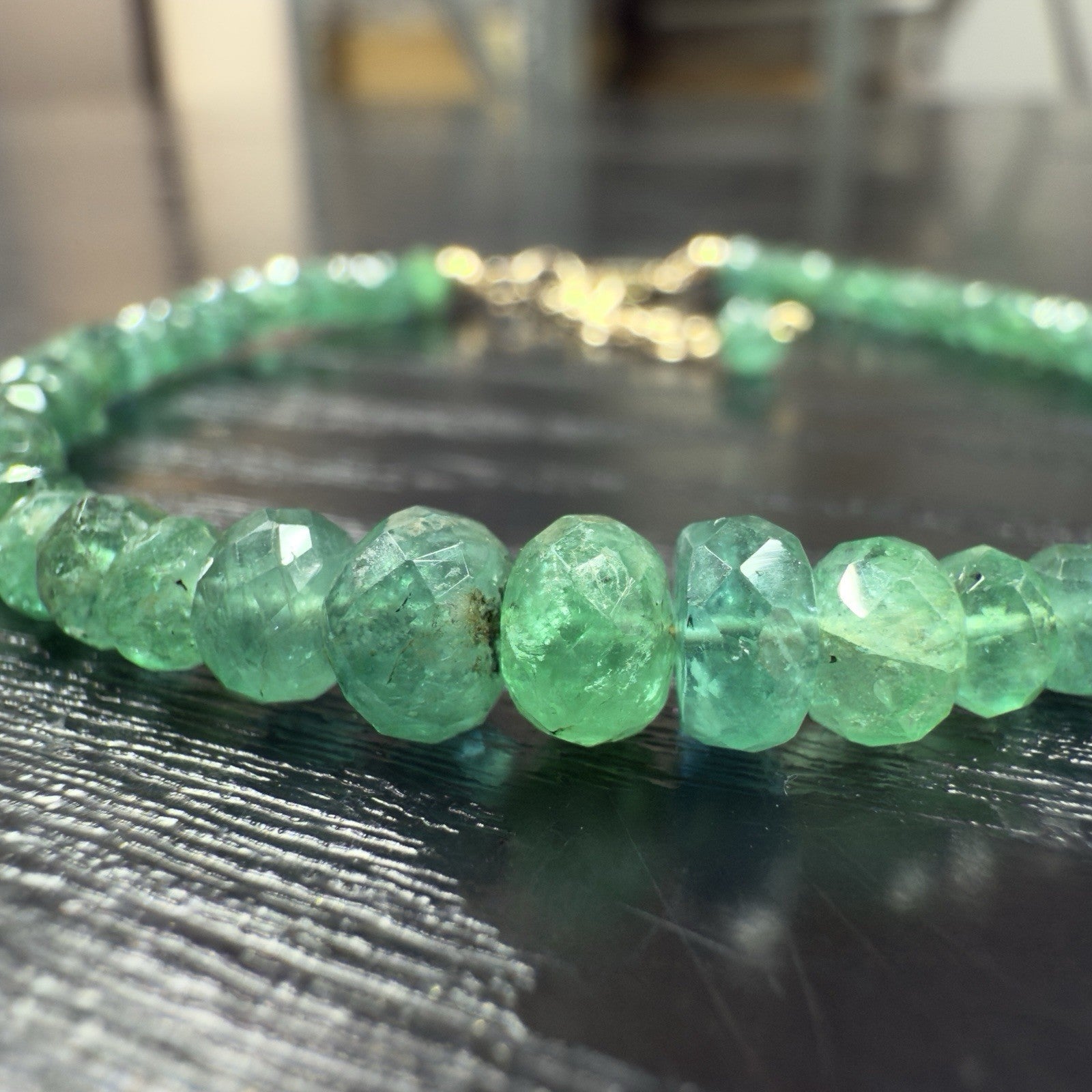 14k Yellow Gold Natural Emerald Bracelet, Adjustable 6.75-7.75", New