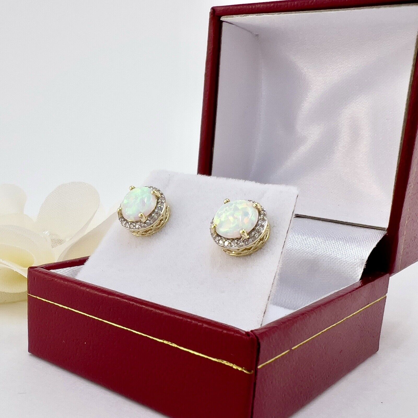 Solid 10k Yellow Gold Lab-Created Opals & Genuine Diamond Stud Earrings, New