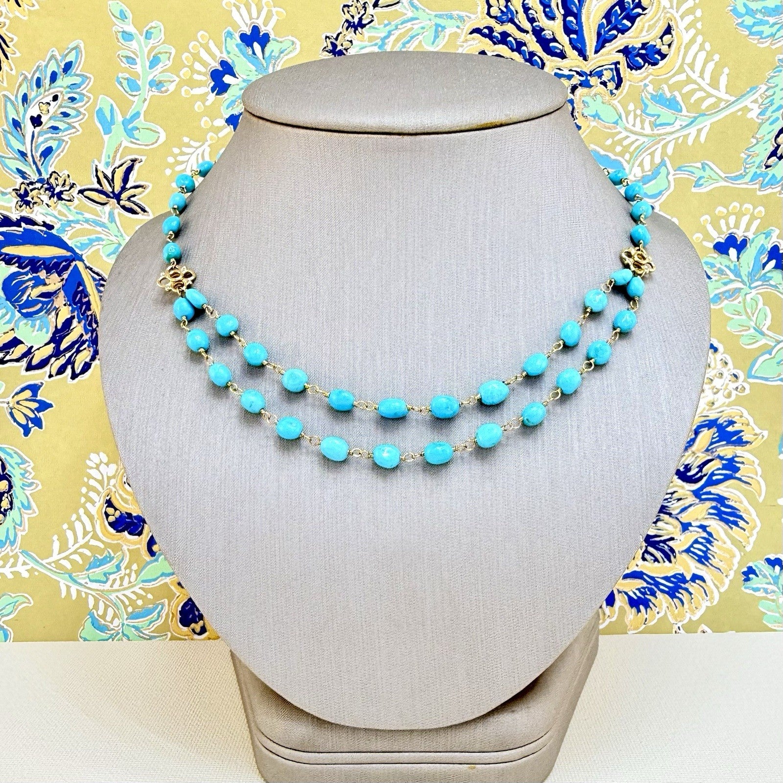 14k Yellow Gold Genuine Sleeping Beauty Turquoise Handcrafted Necklace, 16.5-18"