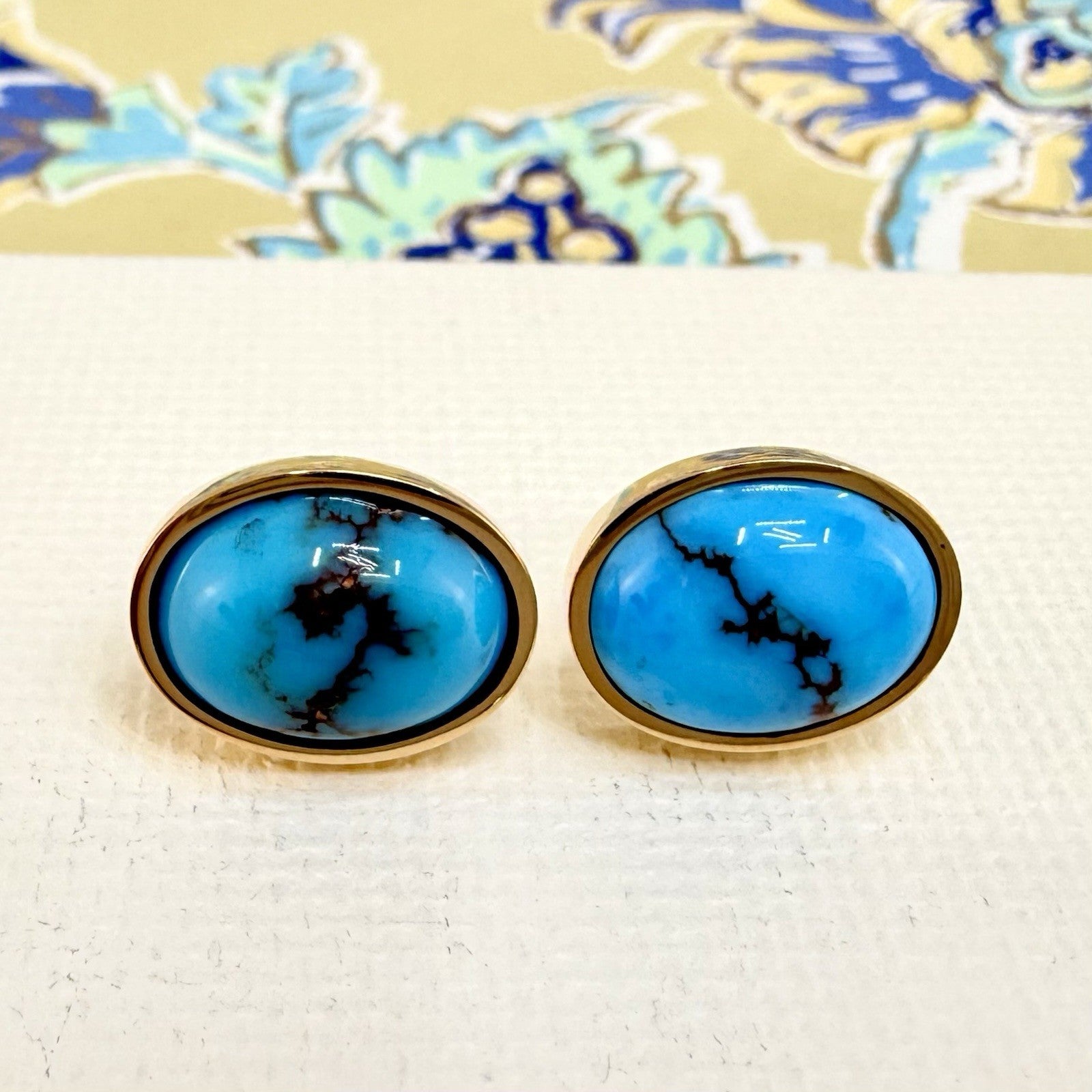 14k Yellow Gold Egyptian Turquoise Custom Made Stud Earrings, New Pair #2