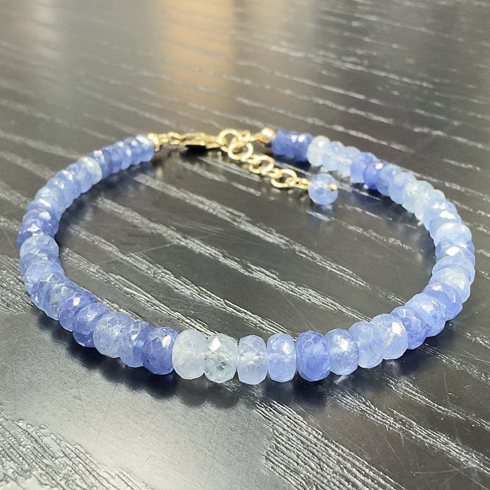 14k Yellow Gold Multitone Blue Sapphire Bracelet, Adjustable 6.75-7.75", New